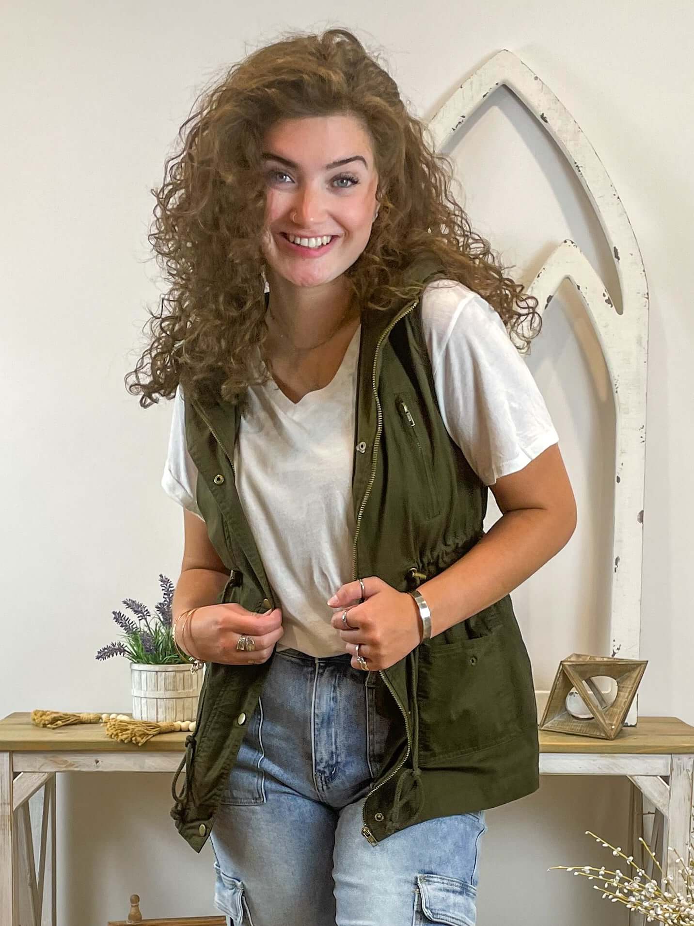 Drawstring Waist Hoodie Vest - Lavender Hills BeautyZenanaQJ - 2449AB - DKOLV - S