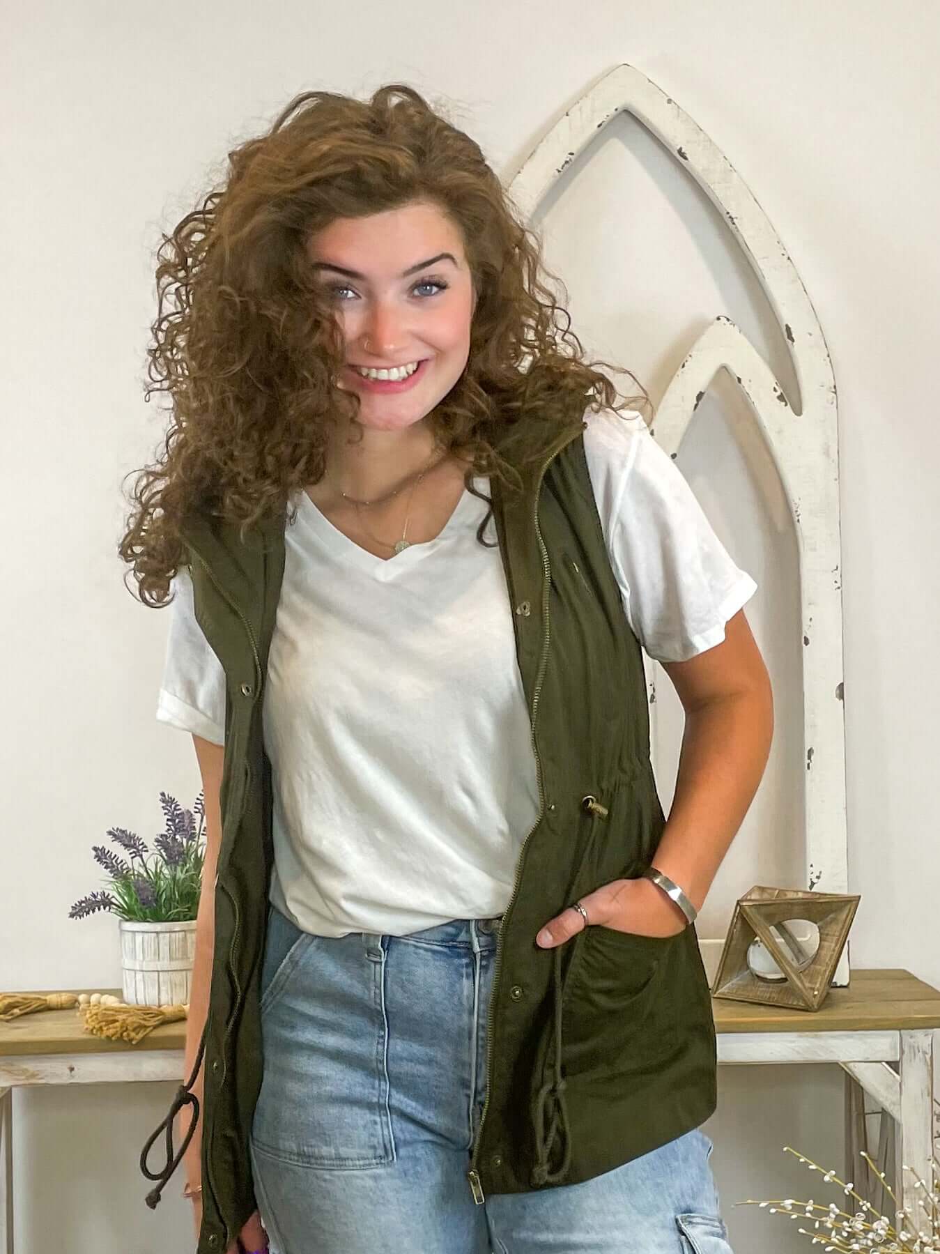 Drawstring Waist Hoodie Vest - Lavender Hills BeautyZenanaQJ - 2449AB - DKOLV - S