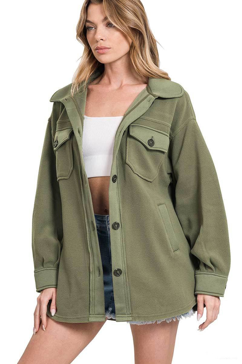 Cozy Cabin Fleece Oversized Shacket - Light Olive - Lavender Hills BeautyZenanaQJ - 40000Y - LTOLV - S