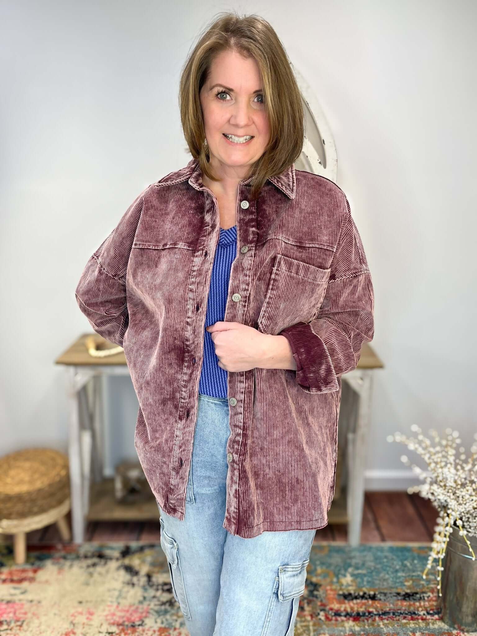 Casual Vintage Washed Corduroy Shacket - Eggplant - Lavender Hills BeautyZenana
