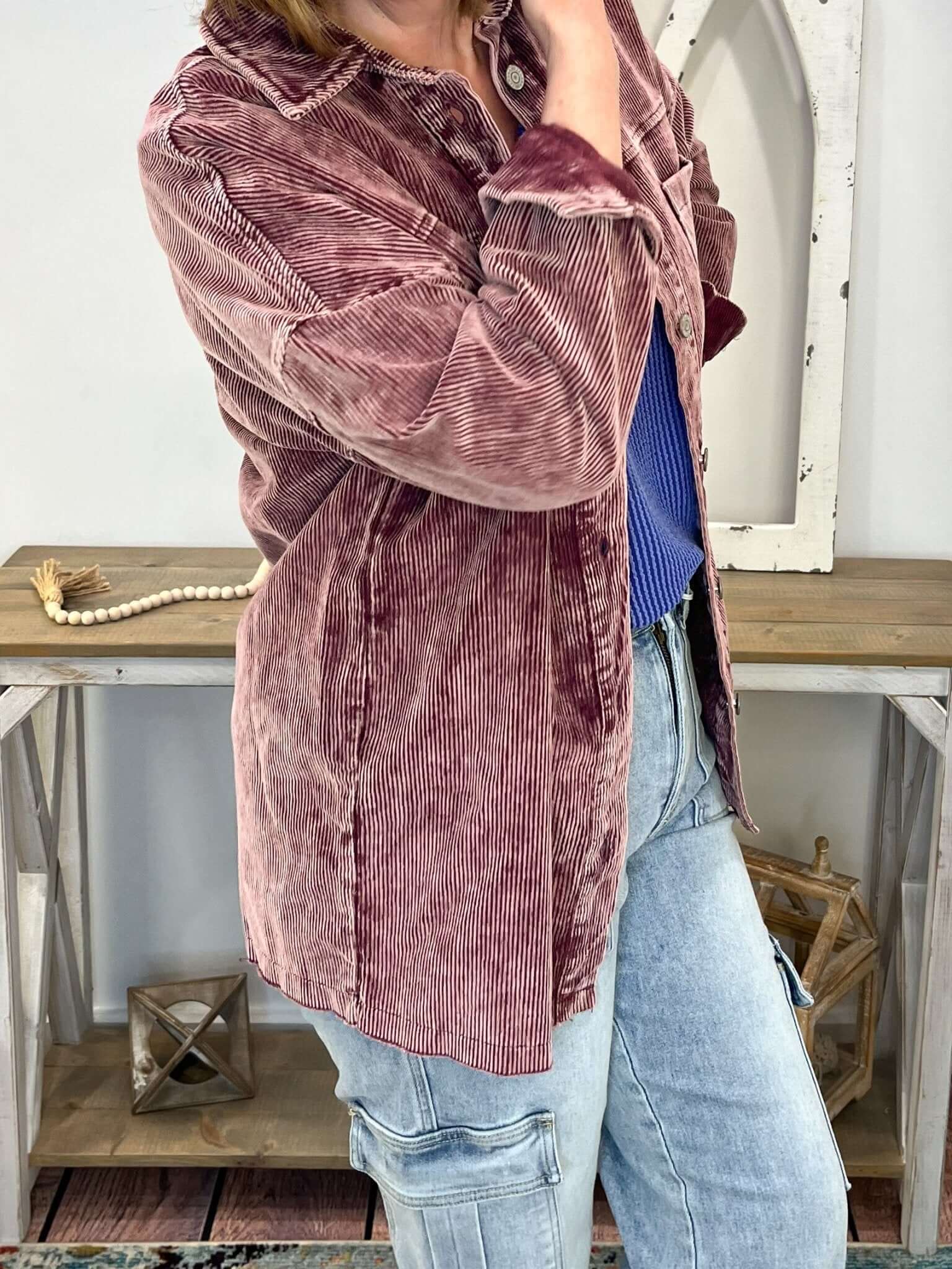Casual Vintage Washed Corduroy Shacket - Eggplant - Lavender Hills BeautyZenana