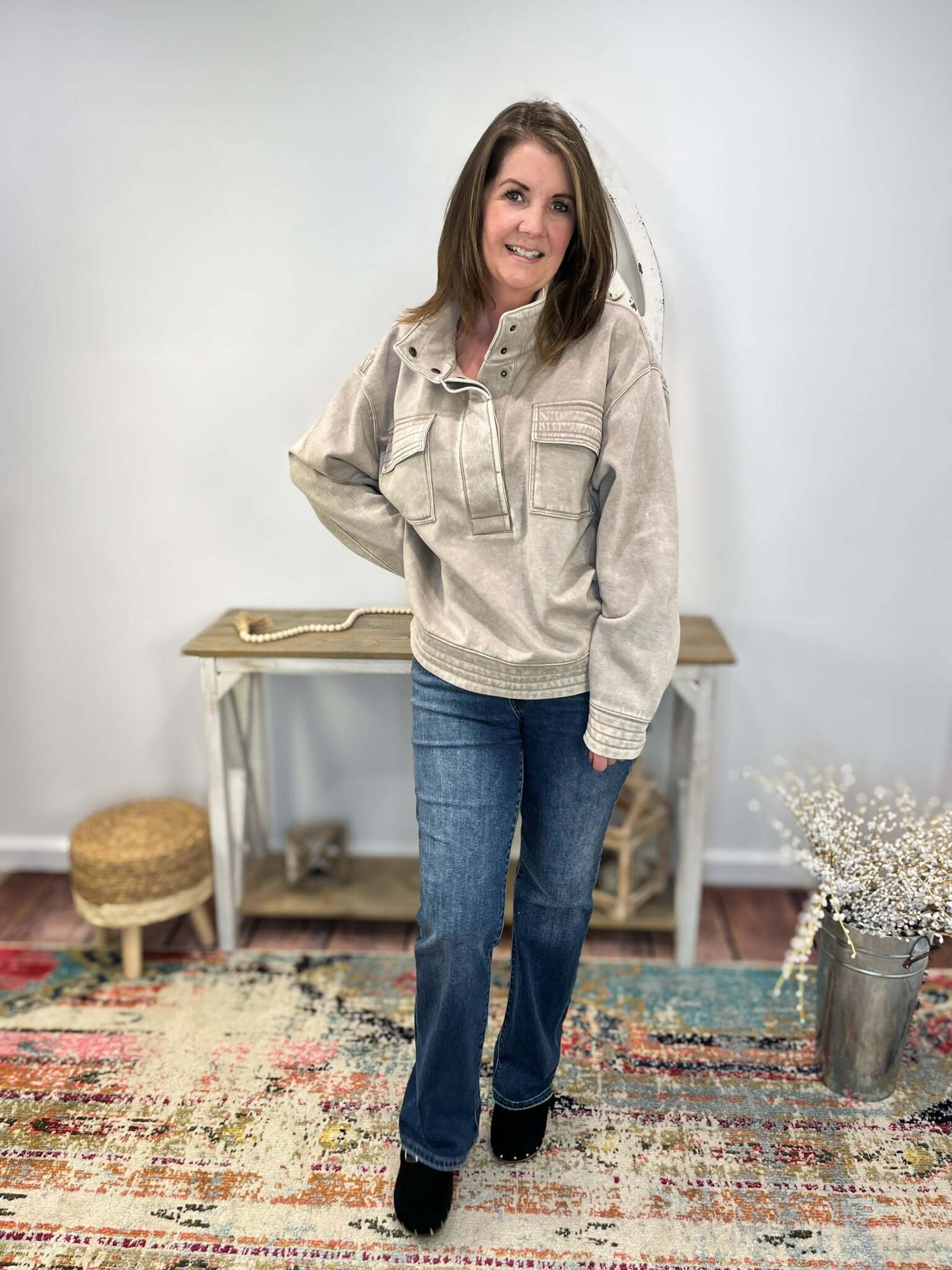 Quilted Comfort Fleece Snap Pullover Sweatshirt - Lavender Hills BeautyZenanaOTW - 4326Y - SLET - S