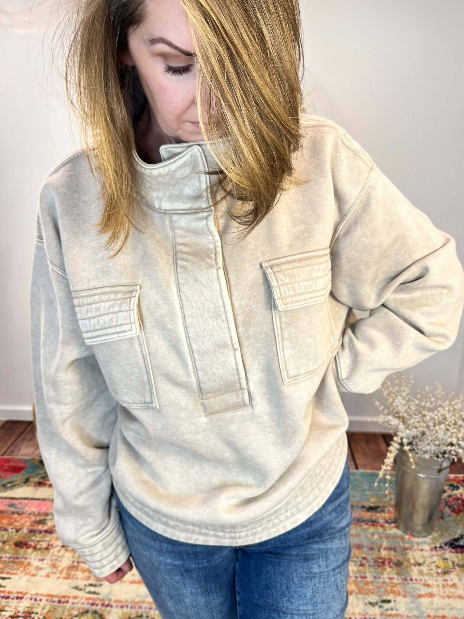 Quilted Comfort Fleece Snap Pullover Sweatshirt - Lavender Hills BeautyZenanaOTW - 4326Y - ASHMCH - S
