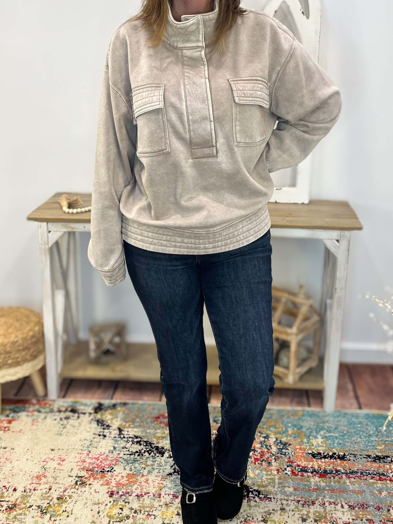 Quilted Comfort Fleece Snap Pullover Sweatshirt - Lavender Hills BeautyZenanaOTW - 4326Y - ASHMCH - S