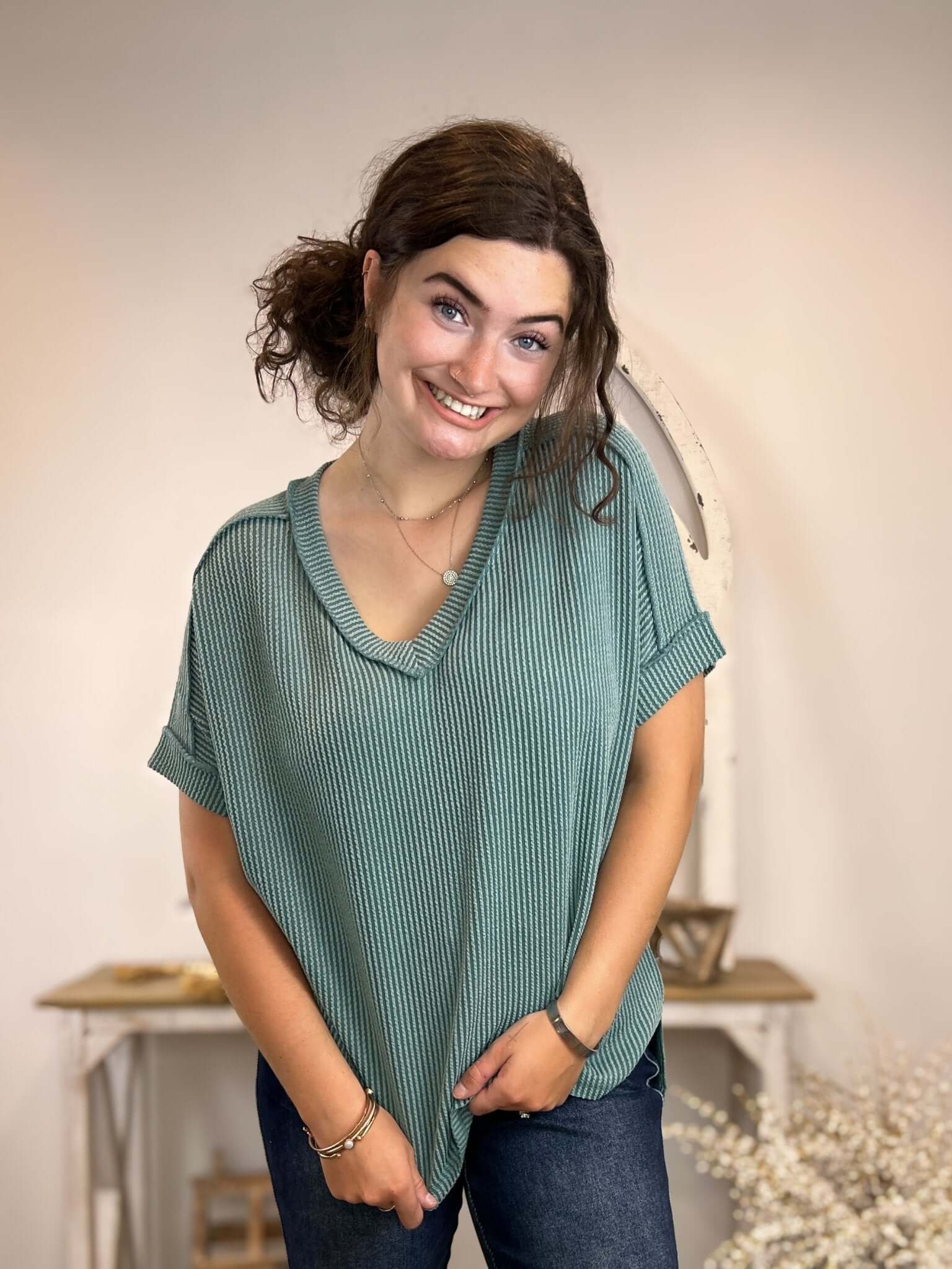 Lux Ribbed V - Neck Short Sleeve Top Shirt - Lavender Hills BeautyZenanaRTL - 8539A - 3