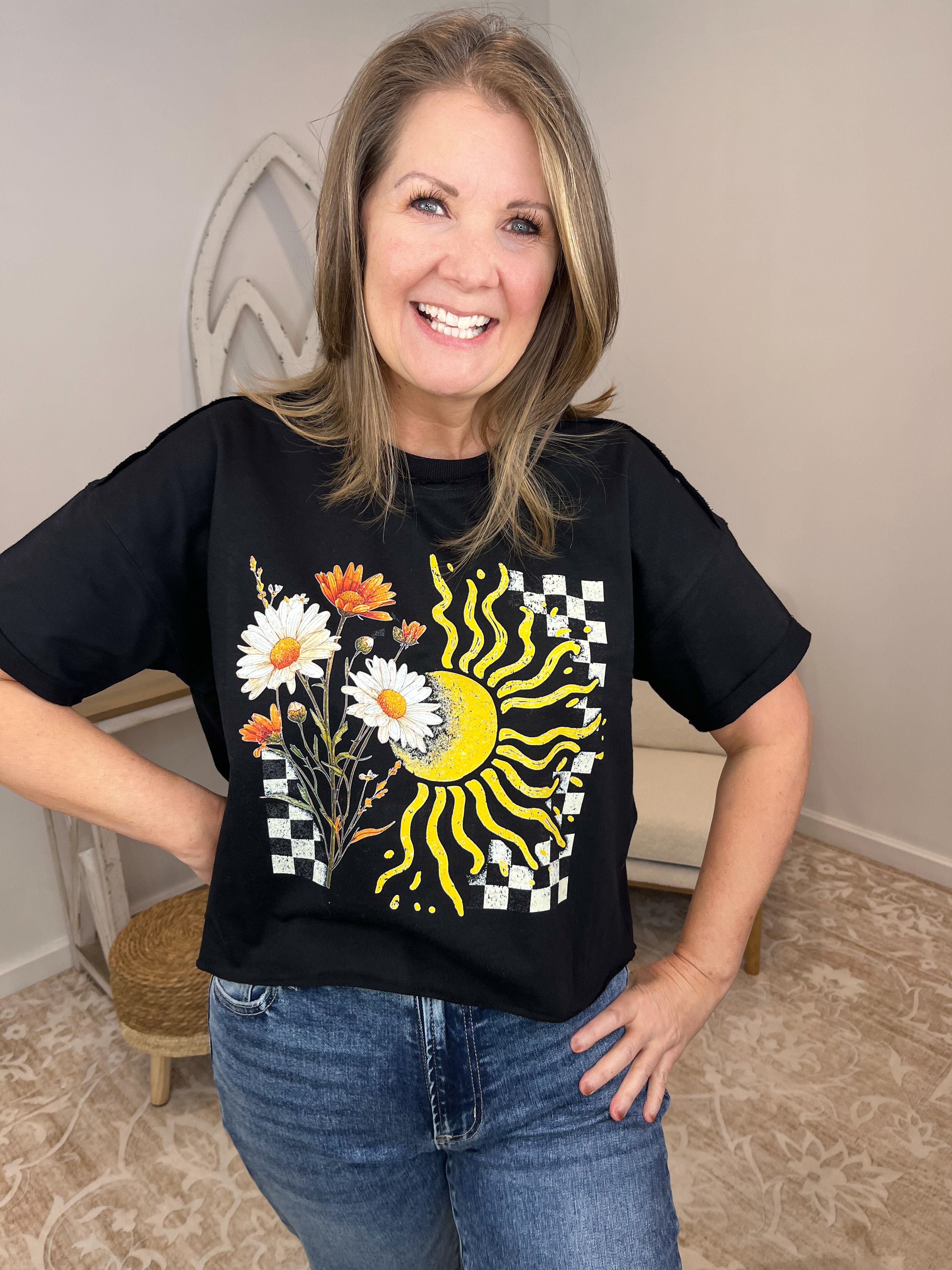 Retro Heatwave Sun & Daisy Checkerboard Boxy Tee - French Terry
