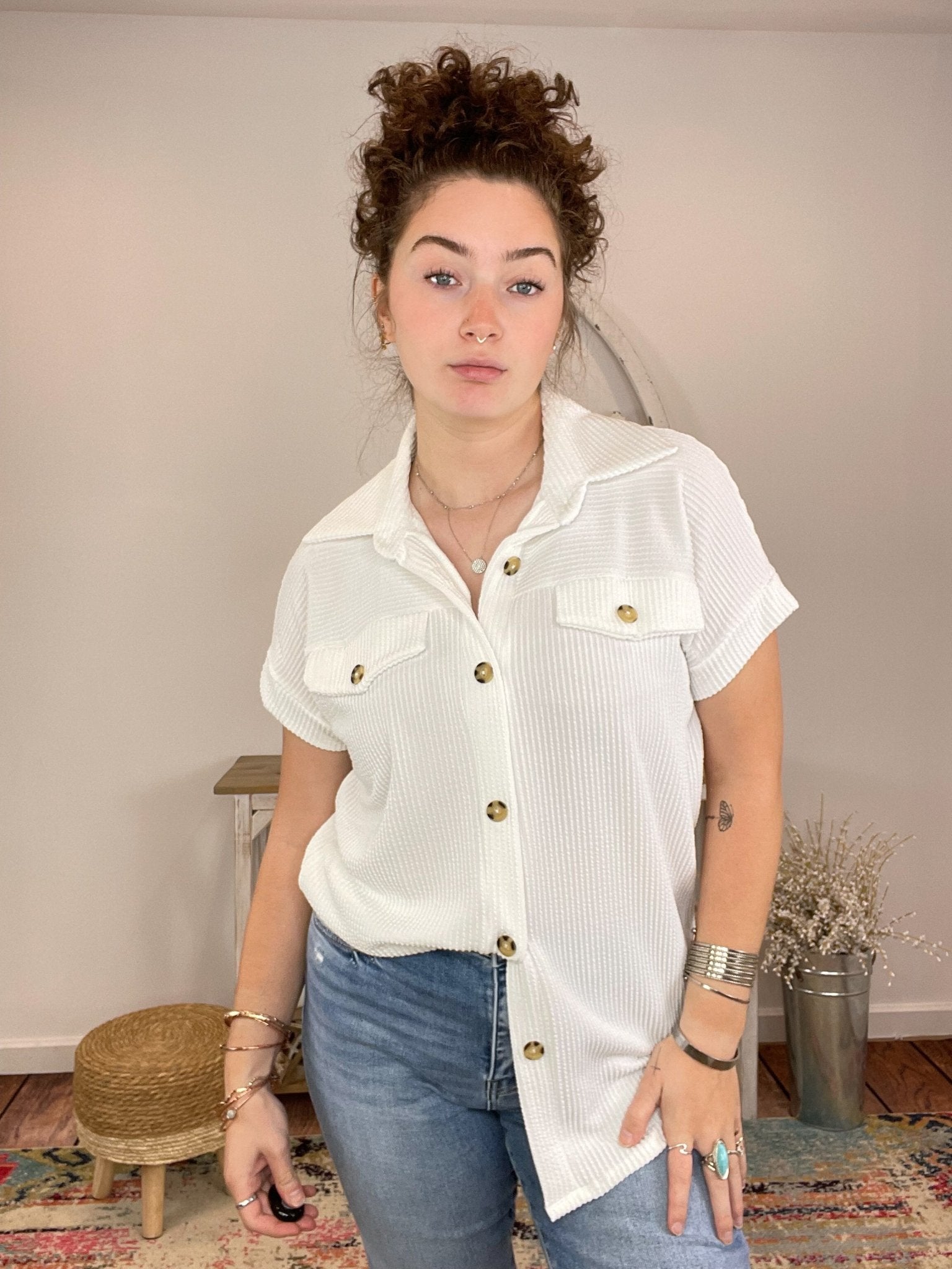Ribbed Button Down Short Sleeve Top Shacket - Lavender Hills Beauty7th RayT51160W - S