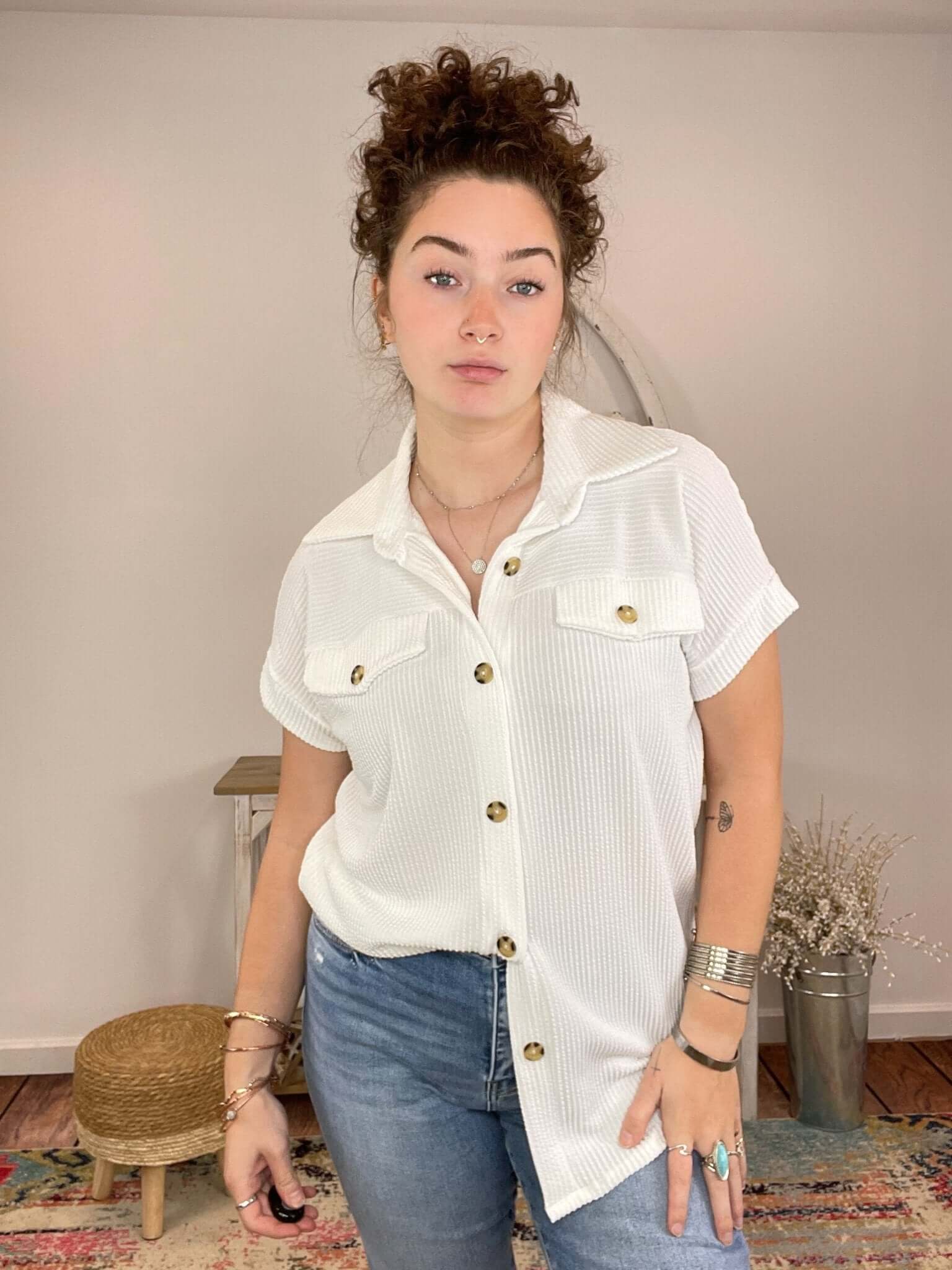 Ribbed Button Down Short Sleeve Top Shacket - Lavender Hills Beauty7th RayT51160W - S