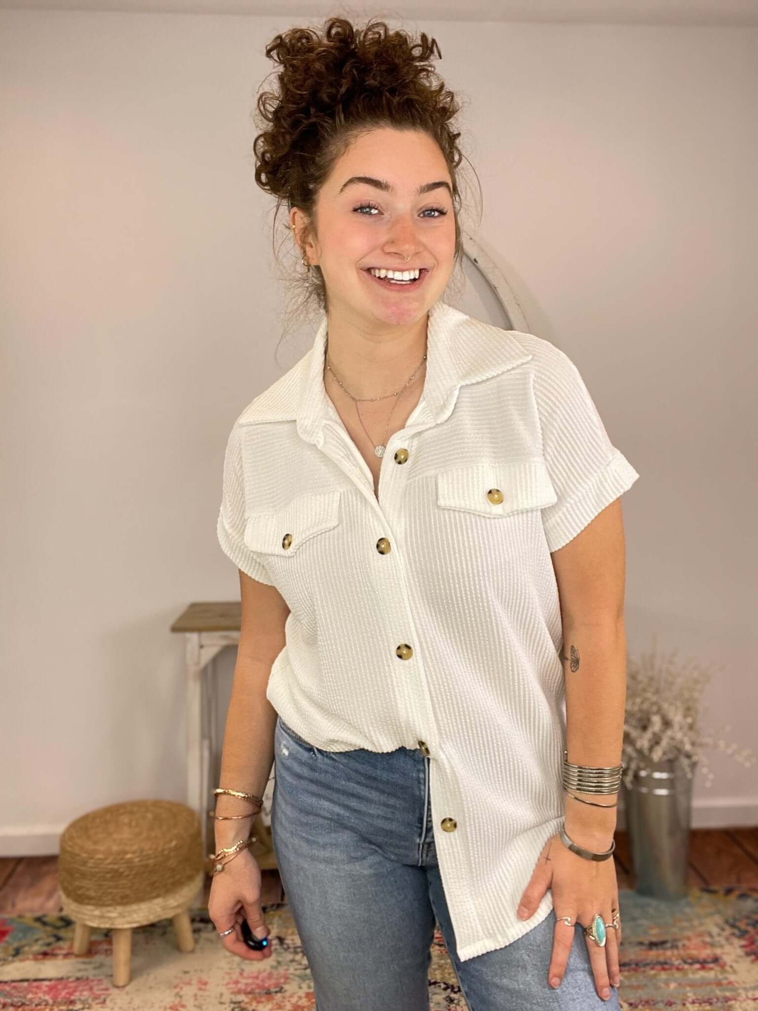 Ribbed Button Down Short Sleeve Top Shacket - Lavender Hills Beauty7th RayT51160W - S