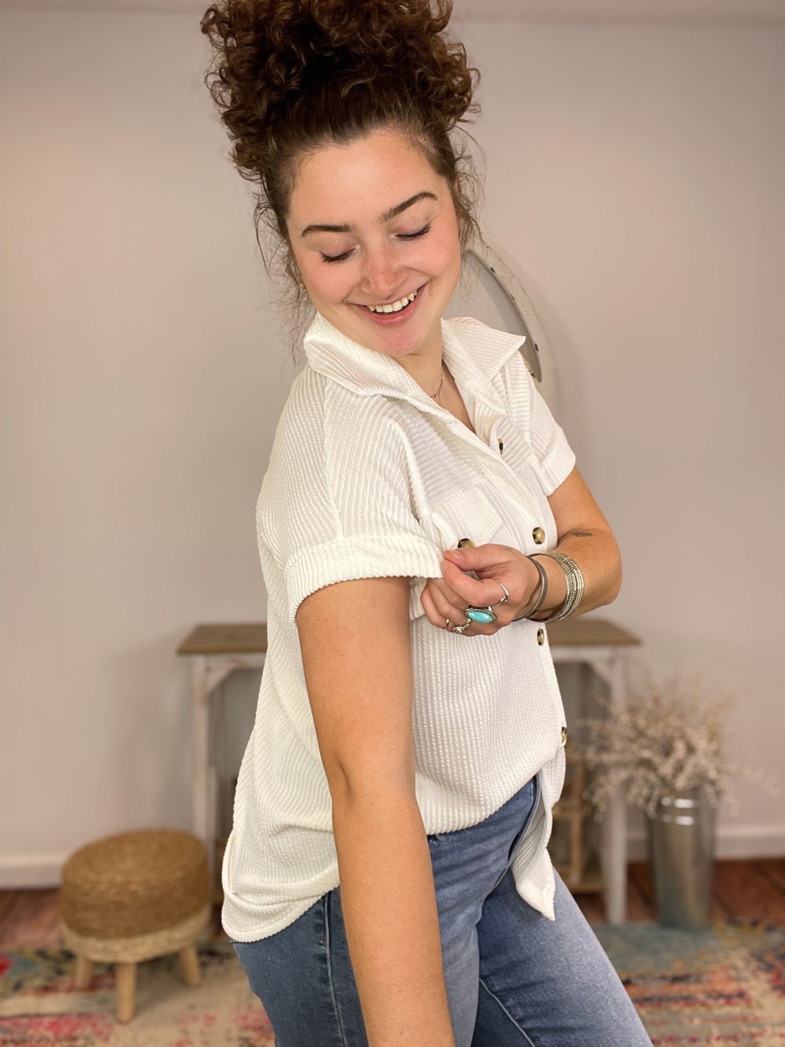 Ribbed Button Down Short Sleeve Top Shacket - Lavender Hills Beauty7th RayT51160W - S