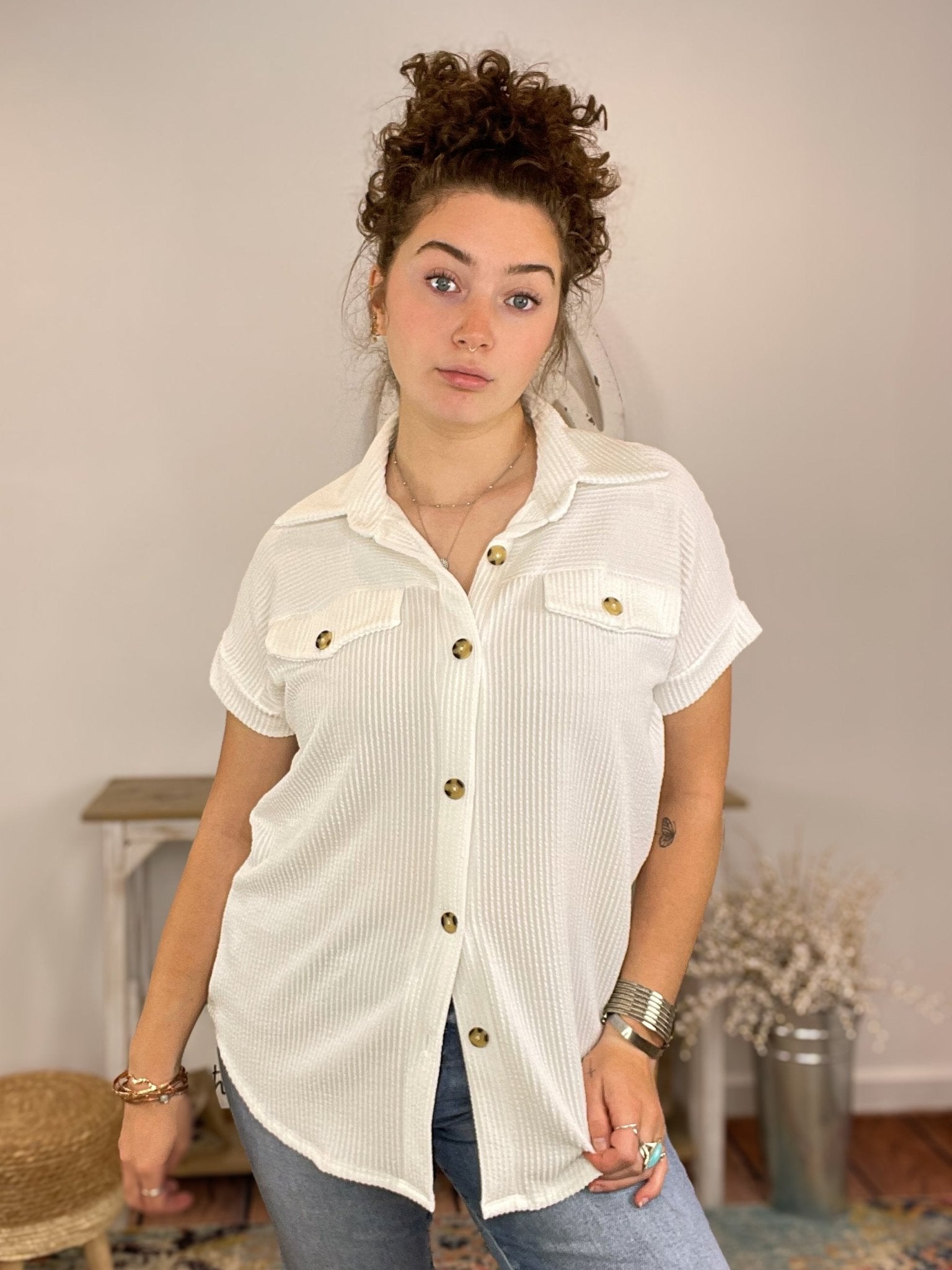 Ribbed Button Down Short Sleeve Top Shacket - Lavender Hills Beauty7th RayT51160W - S