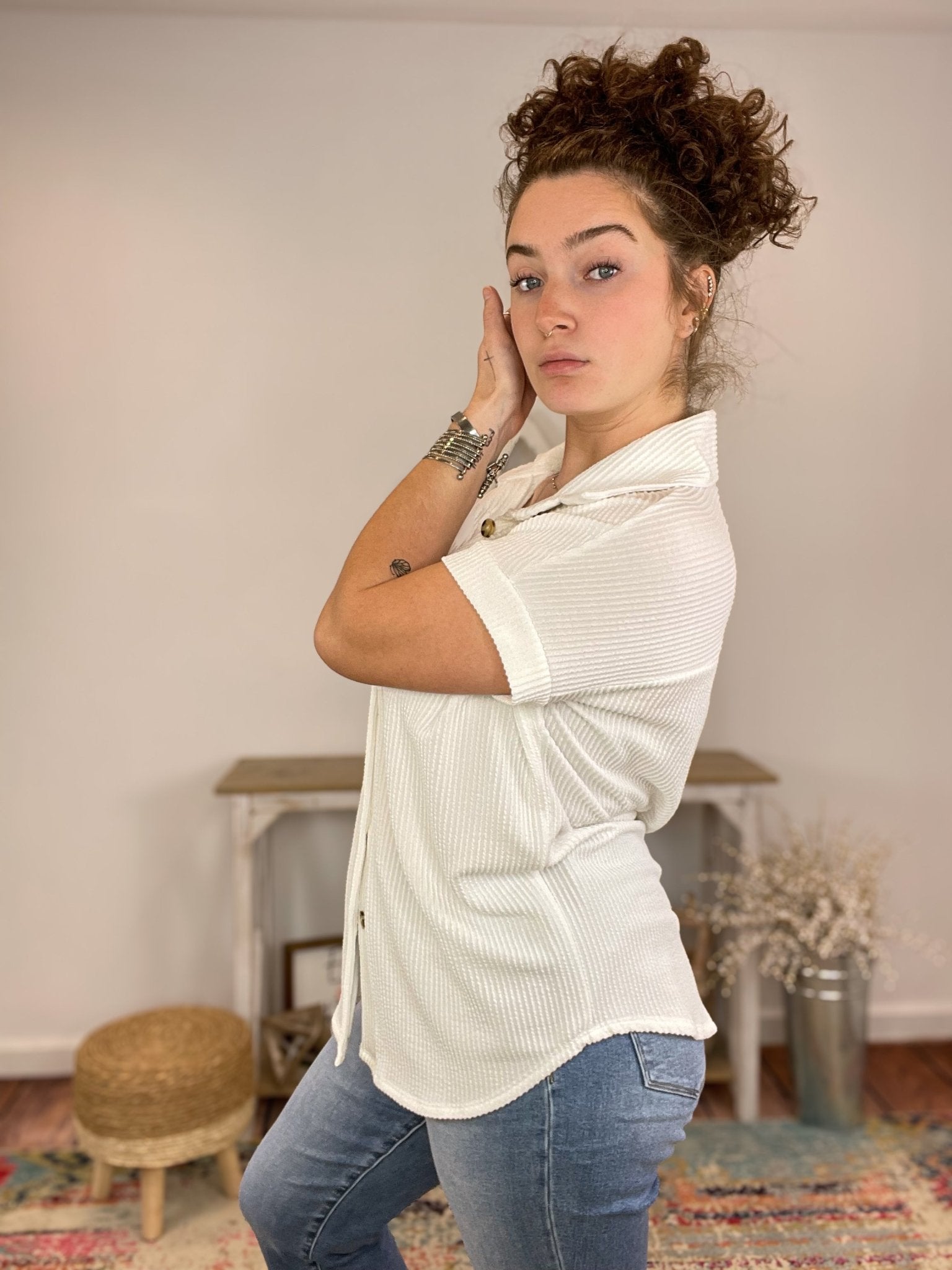 Ribbed Button Down Short Sleeve Top Shacket - Lavender Hills Beauty7th RayT51160W - S