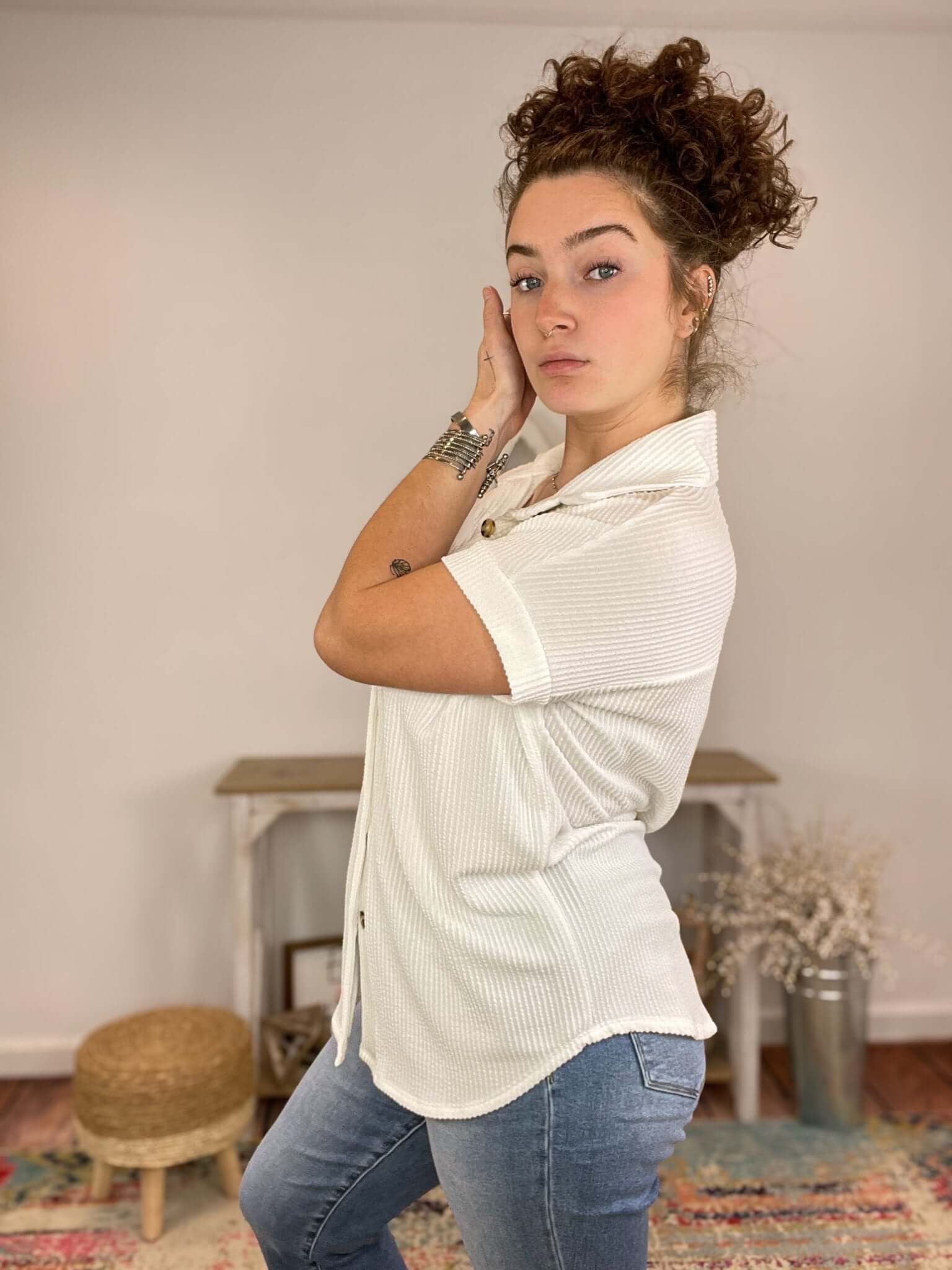 Ribbed Button Down Short Sleeve Top Shacket - Lavender Hills Beauty7th RayT51160W - S
