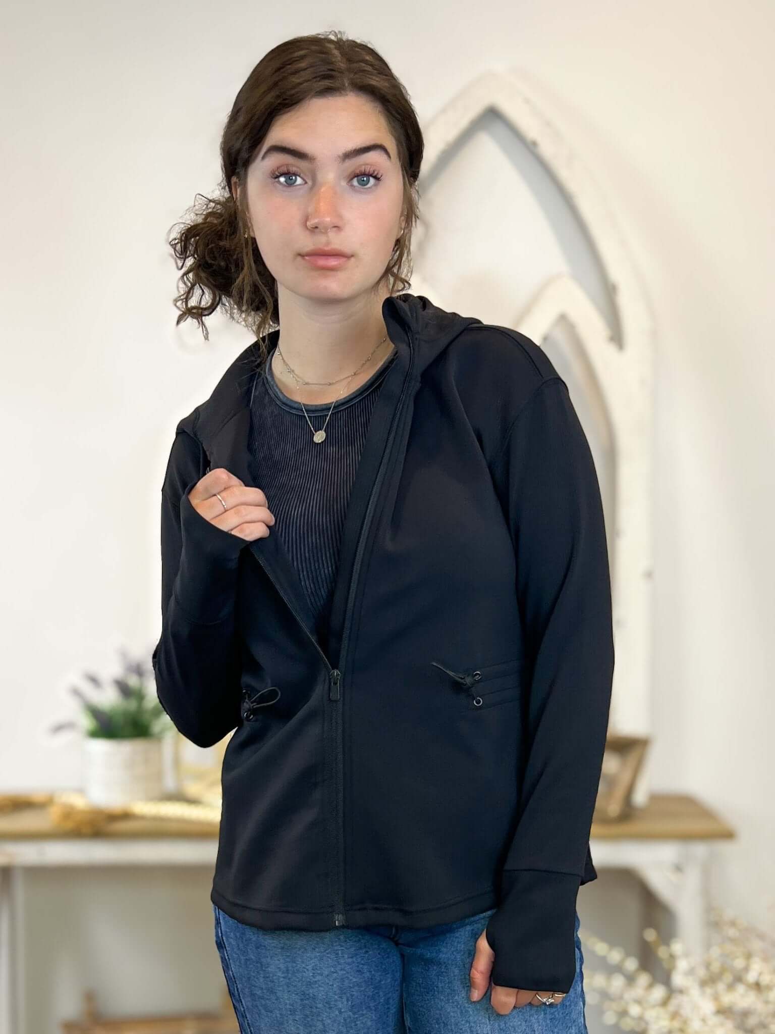 Women's Hooded Jacket Ribbed Stretch Jacquard with Thumb holes