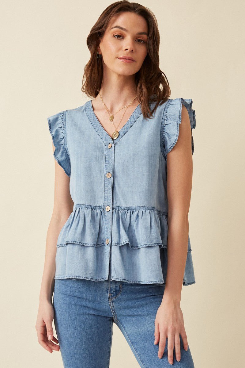 Ruffled Chambray Denim Top - Lavender Hills BeautyHayden