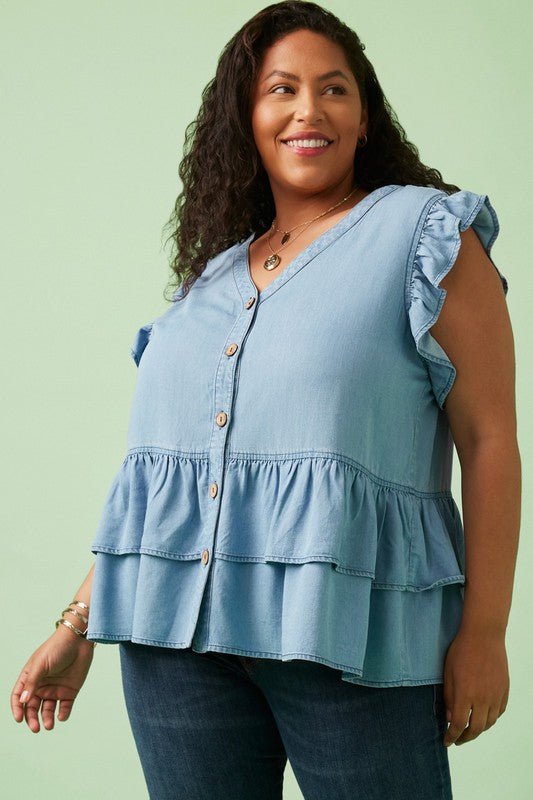 Ruffled Chambray Denim Top - Lavender Hills BeautyHayden