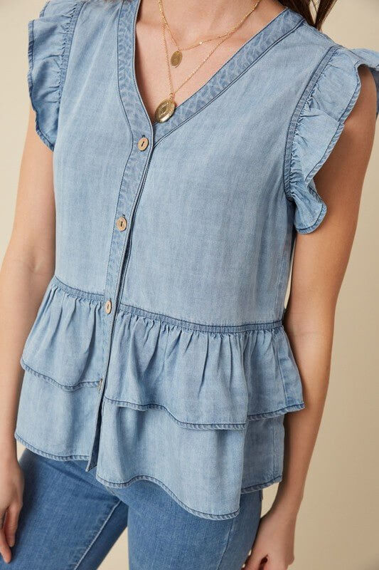 Ruffled Chambray Denim Top - Lavender Hills BeautyHayden
