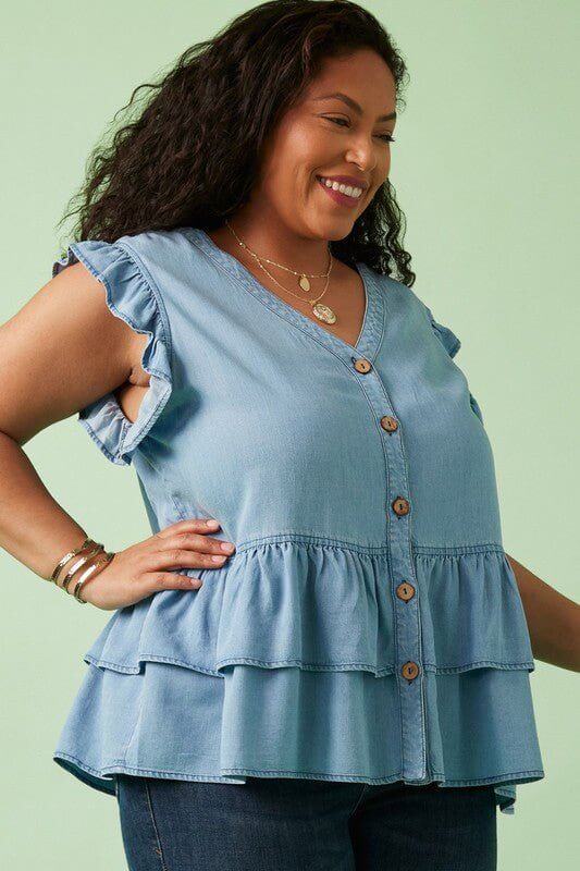 Ruffled Chambray Denim Top - Lavender Hills BeautyHayden