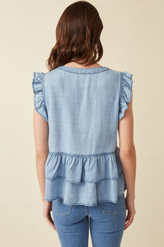 Ruffled Chambray Denim Top - Lavender Hills BeautyHayden