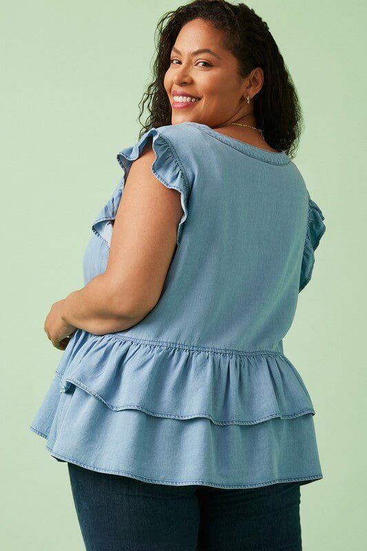 Ruffled Chambray Denim Top - Lavender Hills BeautyHayden