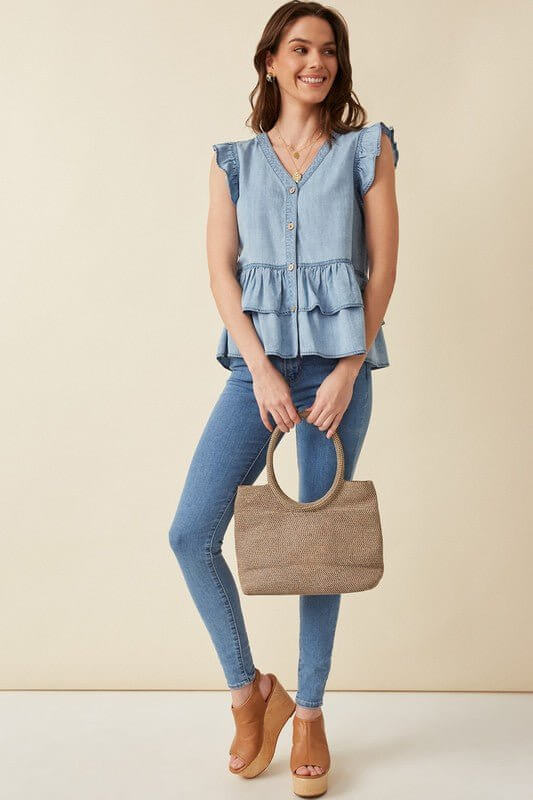 Ruffled Chambray Denim Top - Lavender Hills BeautyHayden
