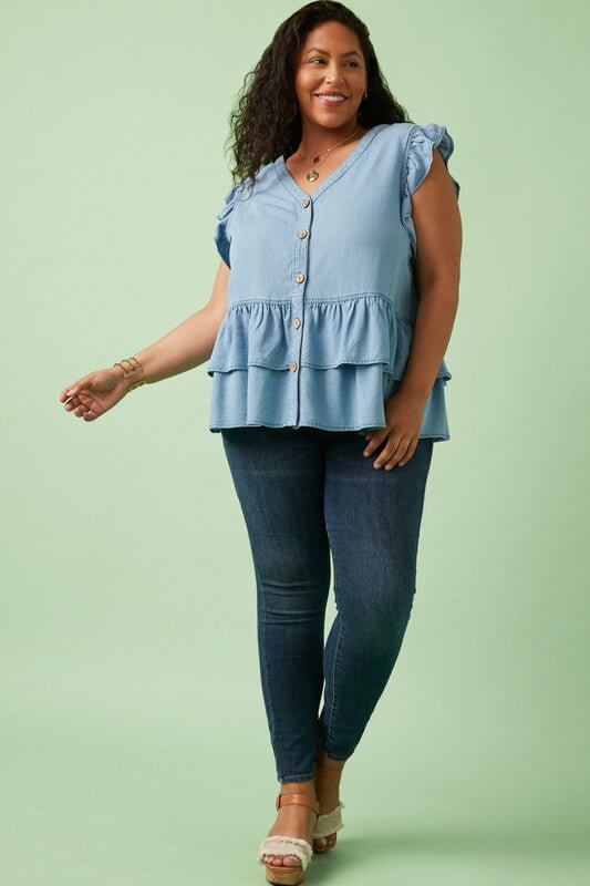 Ruffled Chambray Denim Top - Lavender Hills BeautyHayden