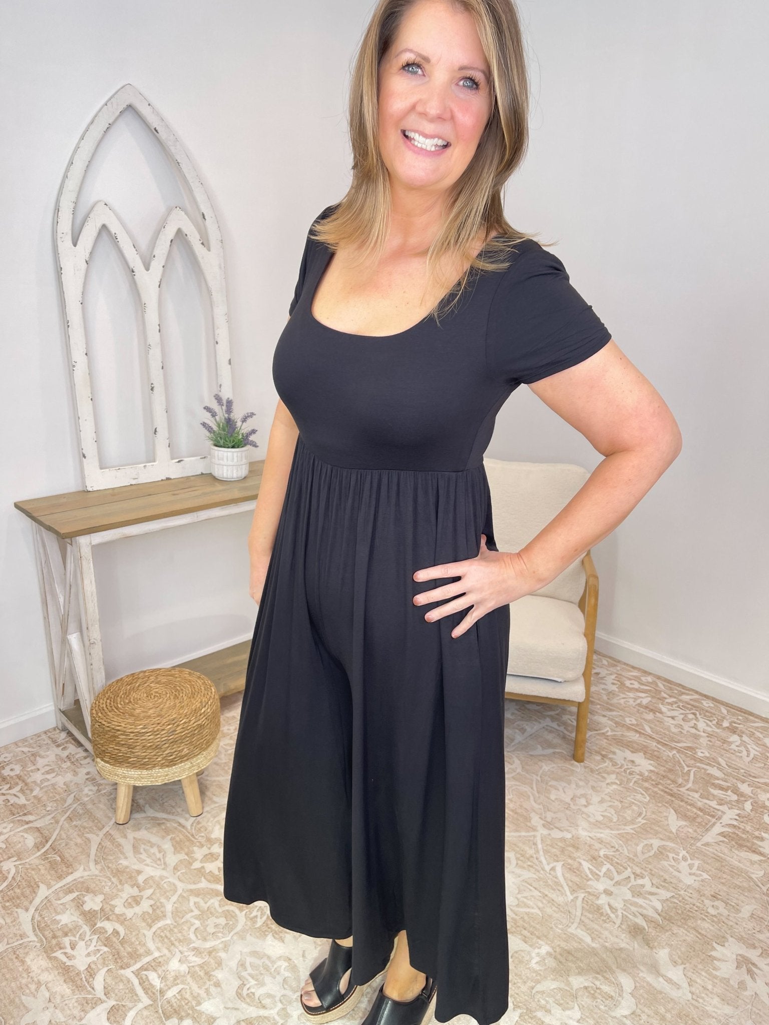 Serene Flowy Wide - Leg Jumpsuit - Double Layered Comfort - Lavender Hills BeautyZenanaRP-8559Y-BLK-S