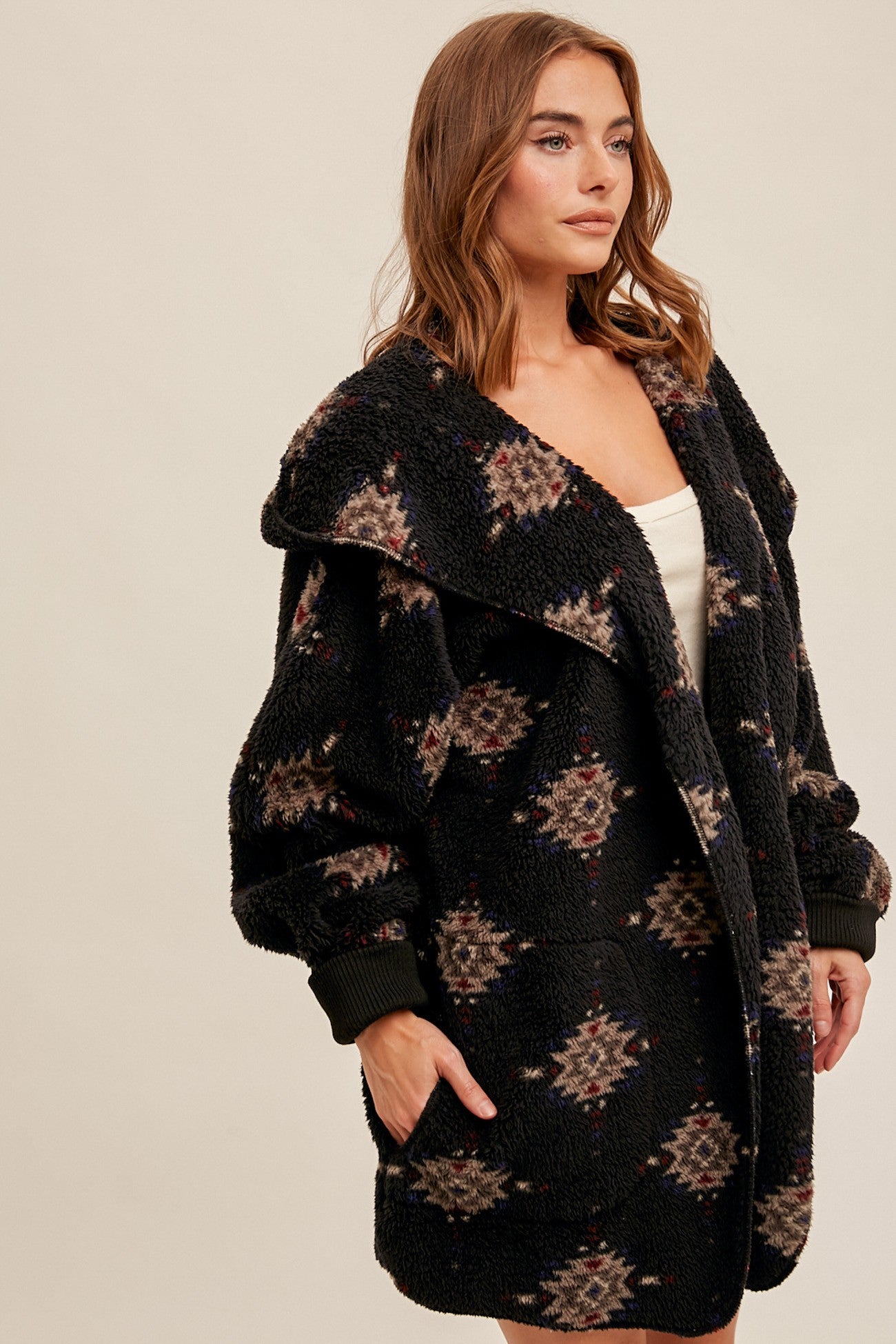 Sherpa Hoodie Coat Jacket - Black Aztec