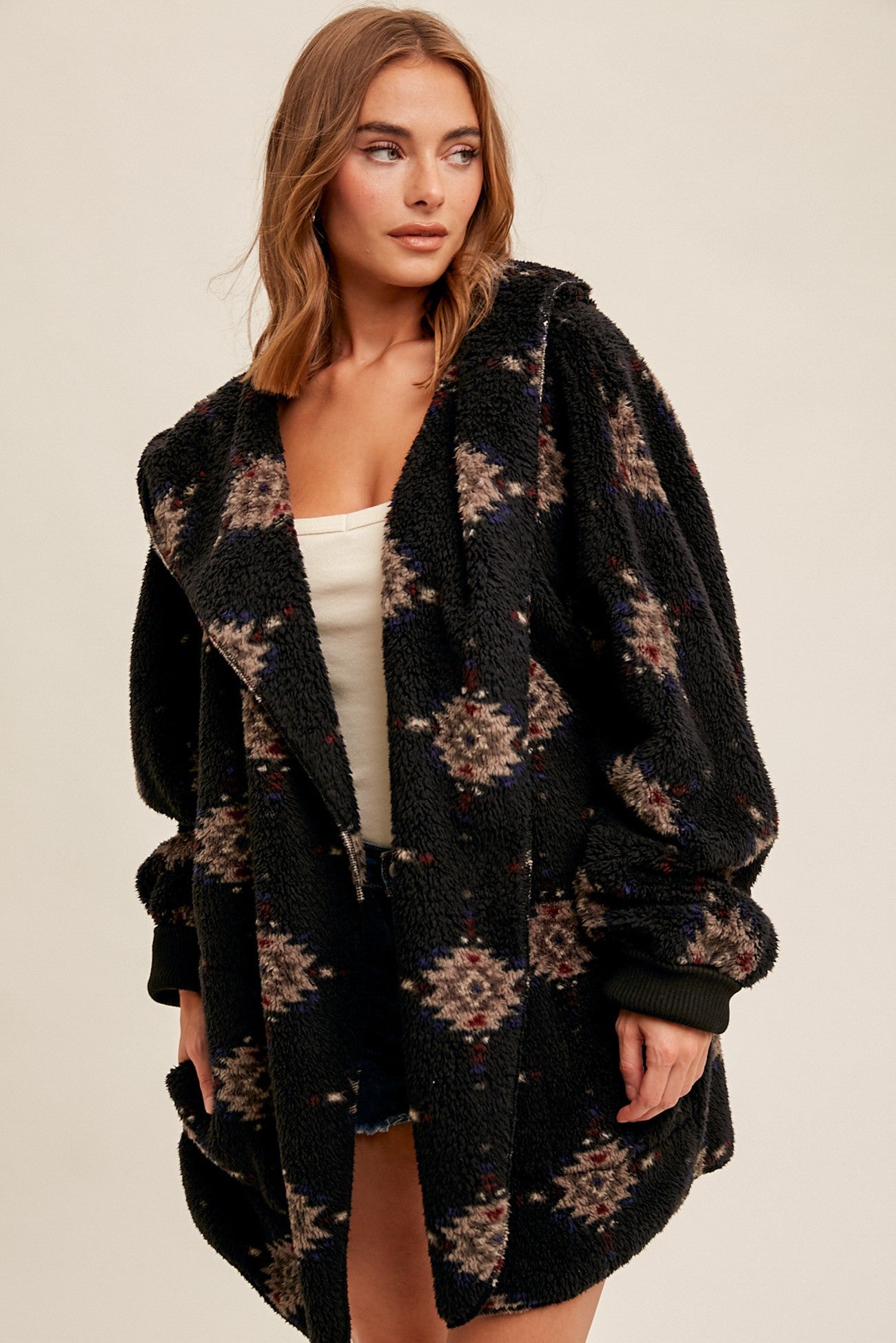 Sherpa Hoodie Coat Jacket - Black Aztec