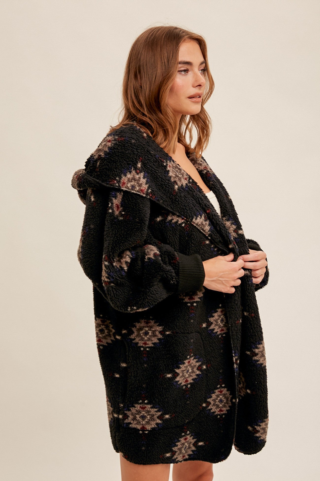 Sherpa Hoodie Coat Jacket - Black Aztec