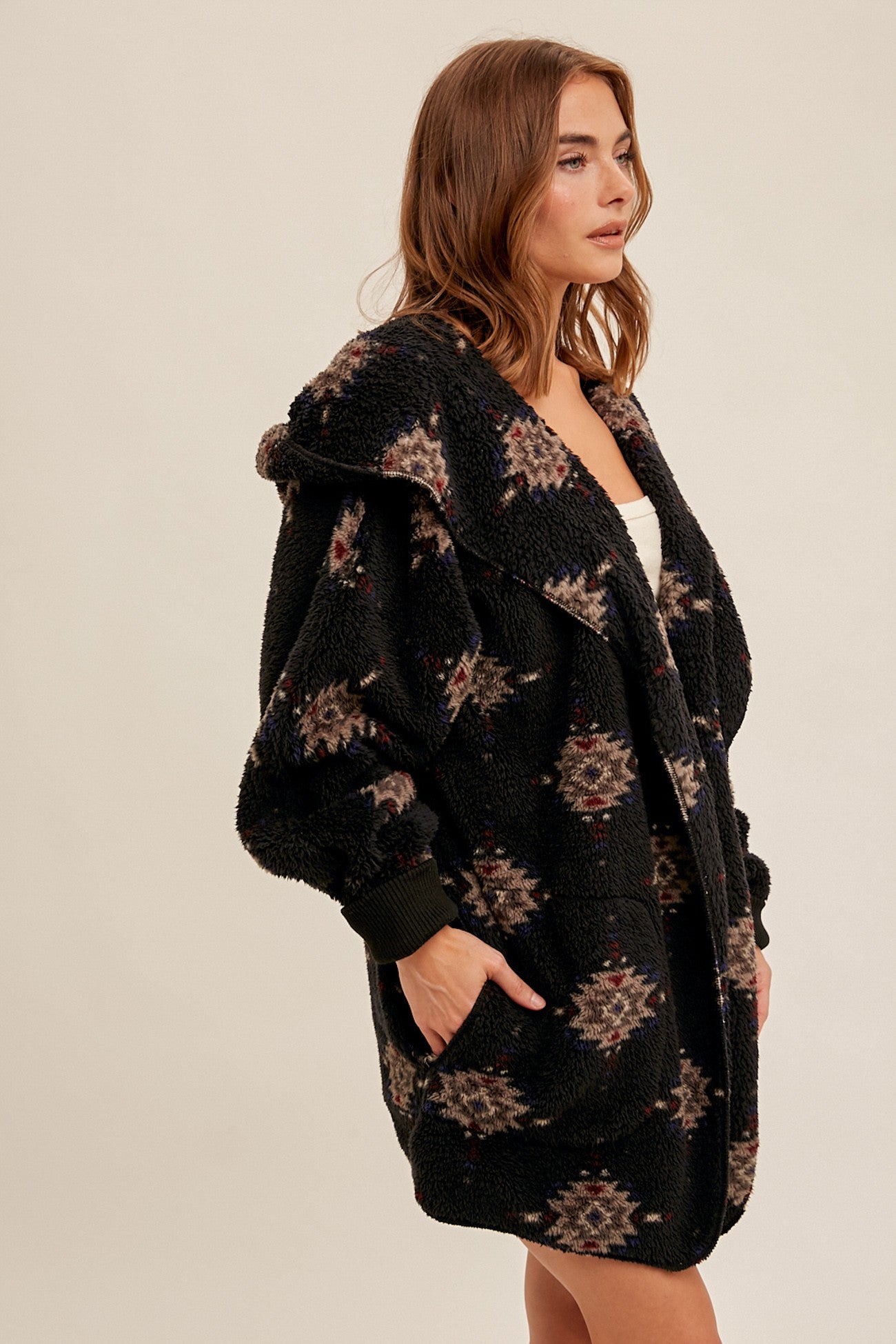 Sherpa Hoodie Coat Jacket - Black Aztec