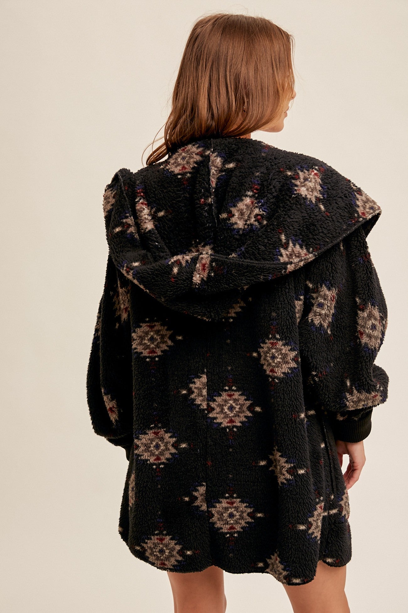 Sherpa Hoodie Coat Jacket - Black Aztec