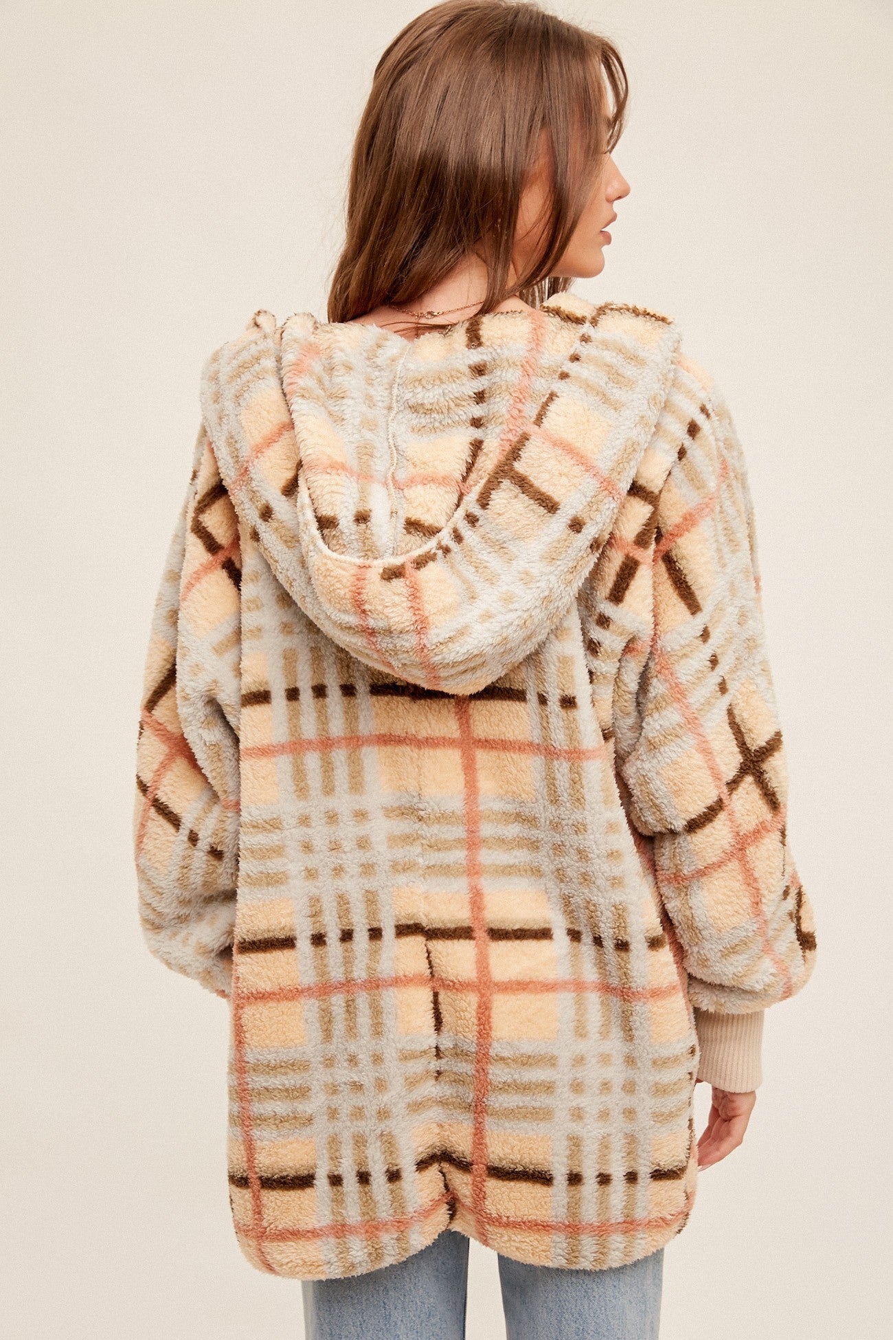 Sherpa Hoodie Coat Jacket -Cream Plaid