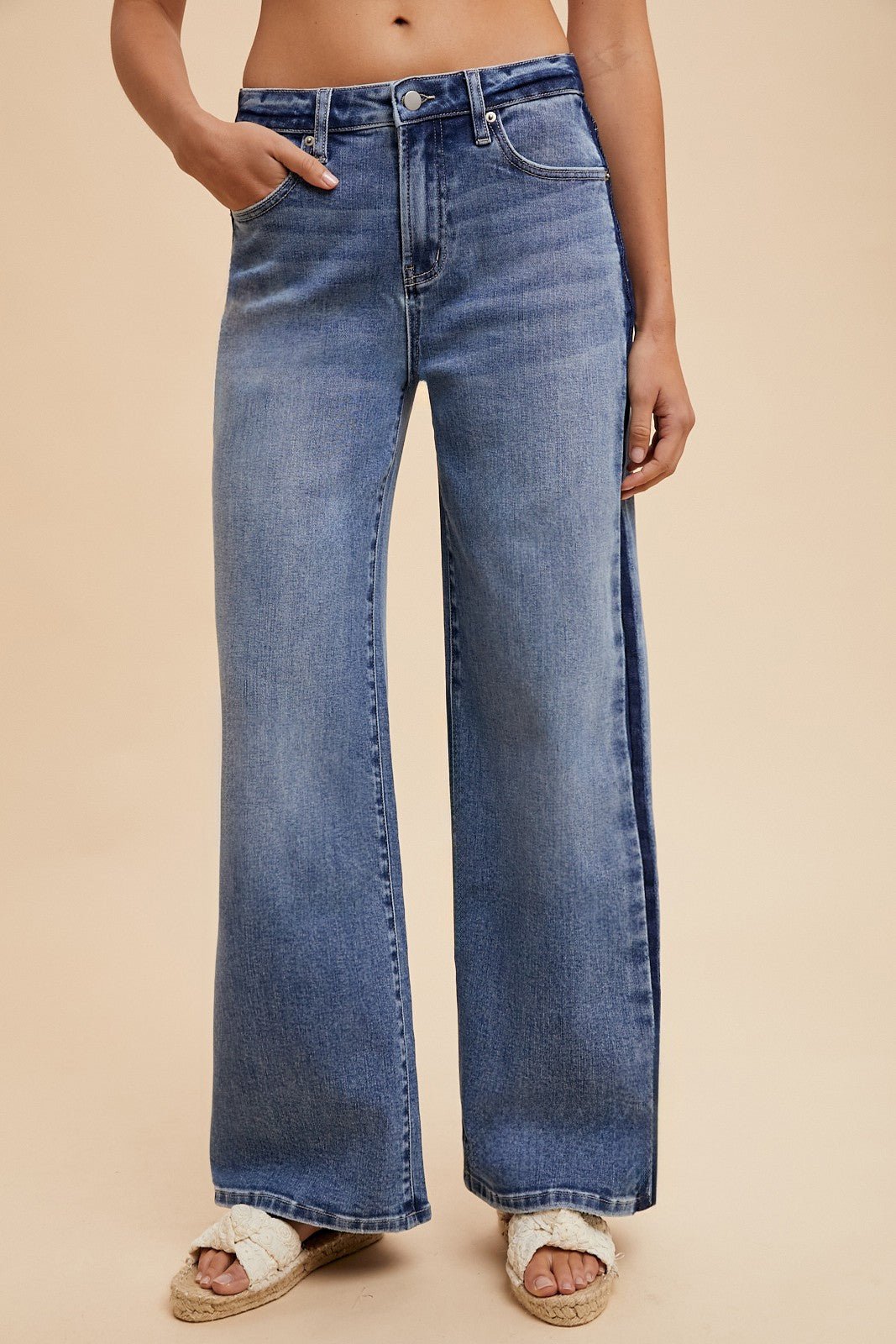 Side Stripe Baggy High - Rise Straight Leg Jeans - Lavender Hills BeautyAnniewearAP6365-S