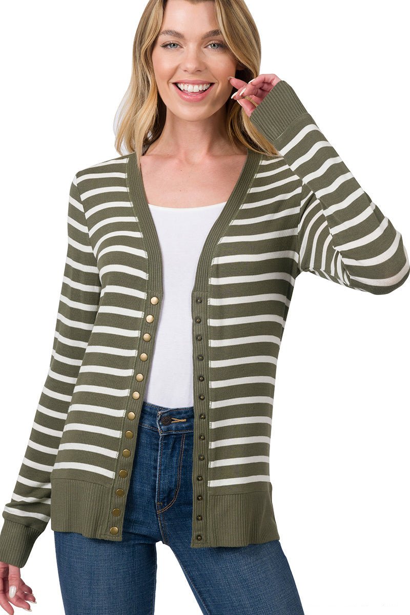 Snap Button Long Sleeve Striped Cardigan