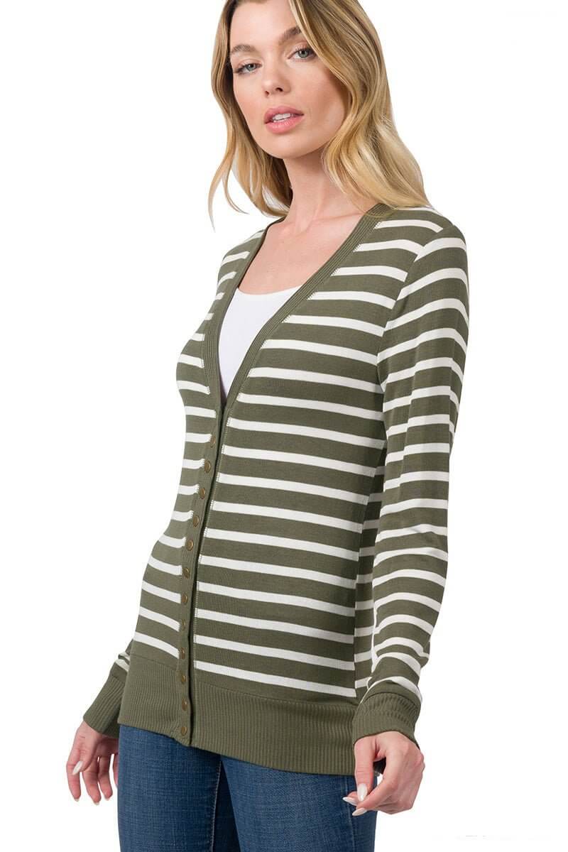 Snap Button Long Sleeve Striped Cardigan - Lavender Hills BeautyZenana