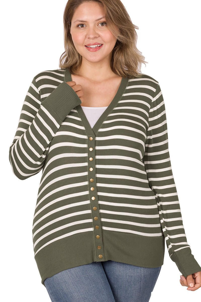 Snap Button Long Sleeve Striped Cardigan - Lavender Hills BeautyZenana