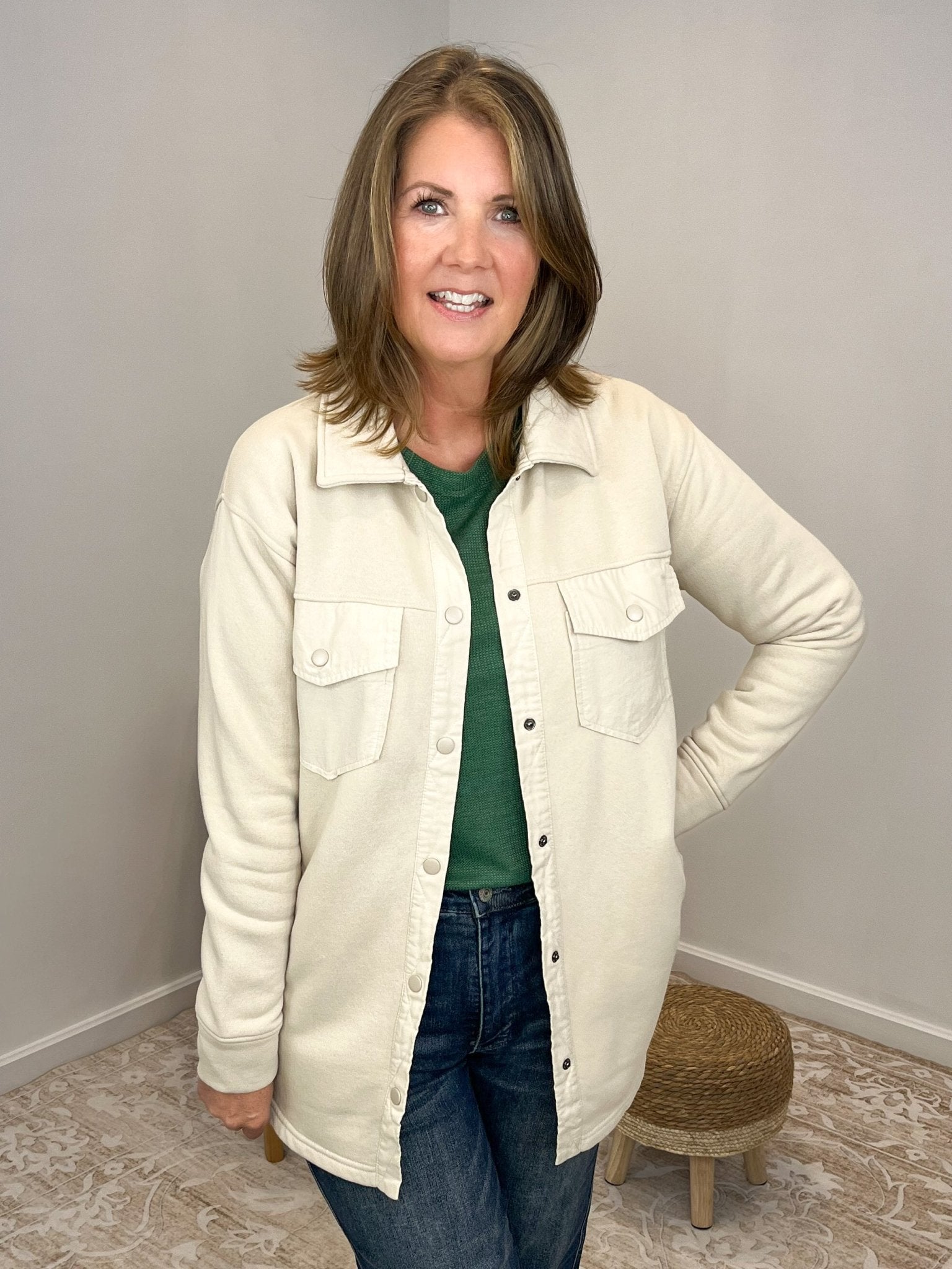 Snap - on Warm Shacket with Pockets - Natural - Lavender Hills BeautyMono BKJ - B0762 - NAT - S