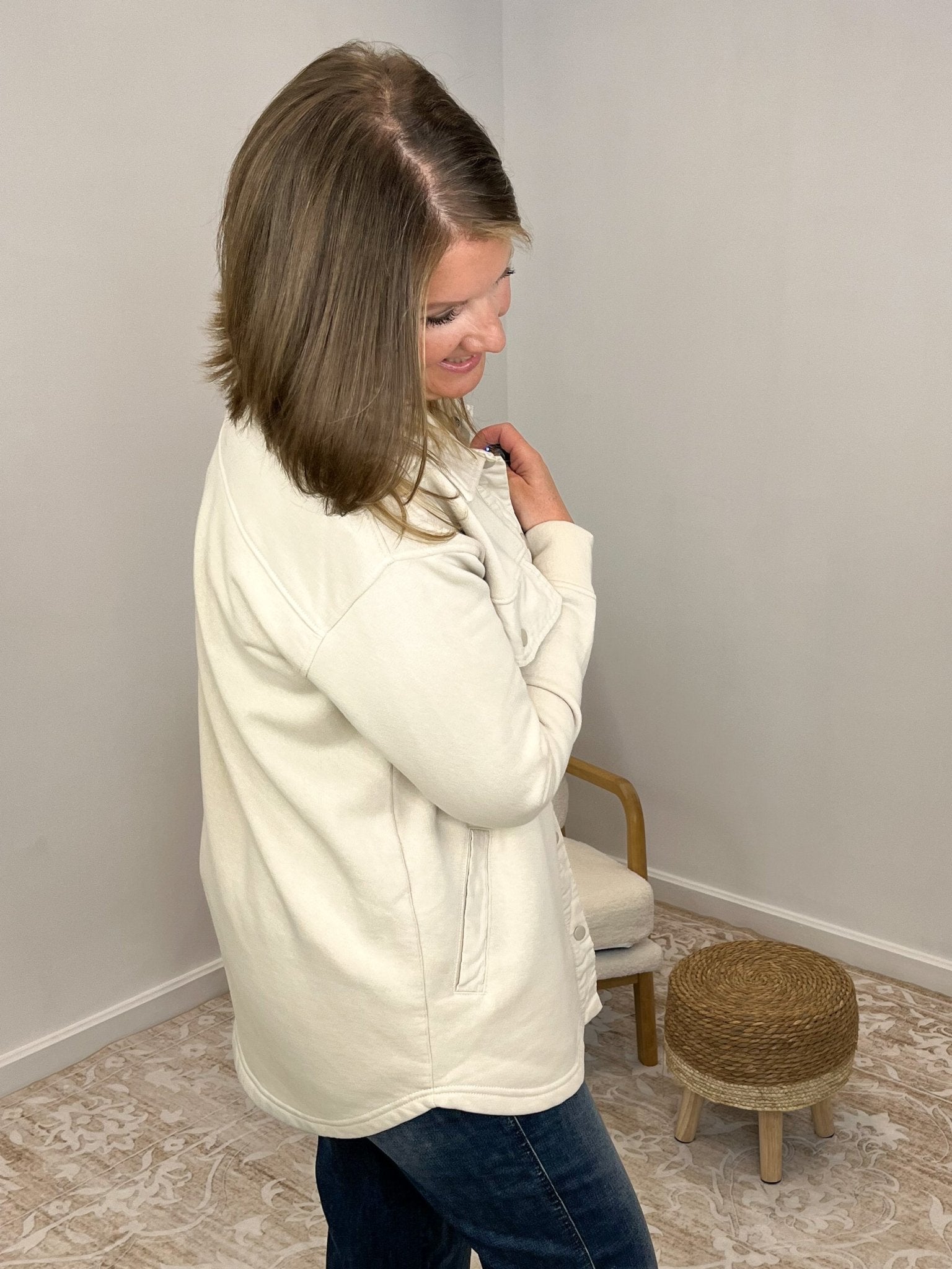 Snap - on Warm Shacket with Pockets - Natural - Lavender Hills BeautyMono BKJ - B0762 - NAT - S