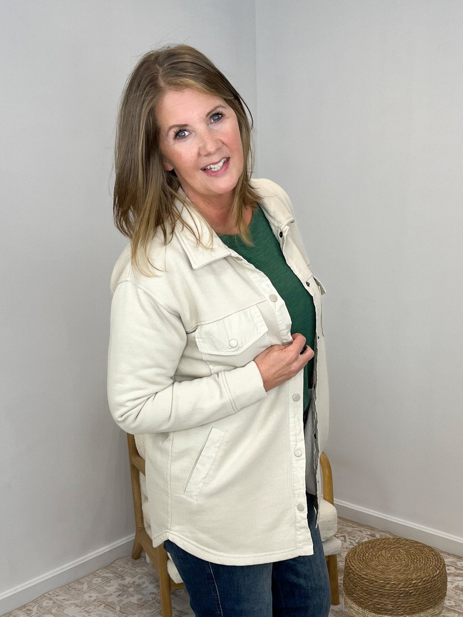 Snap - on Warm Shacket with Pockets - Natural - Lavender Hills BeautyMono BKJ - B0762 - NAT - S