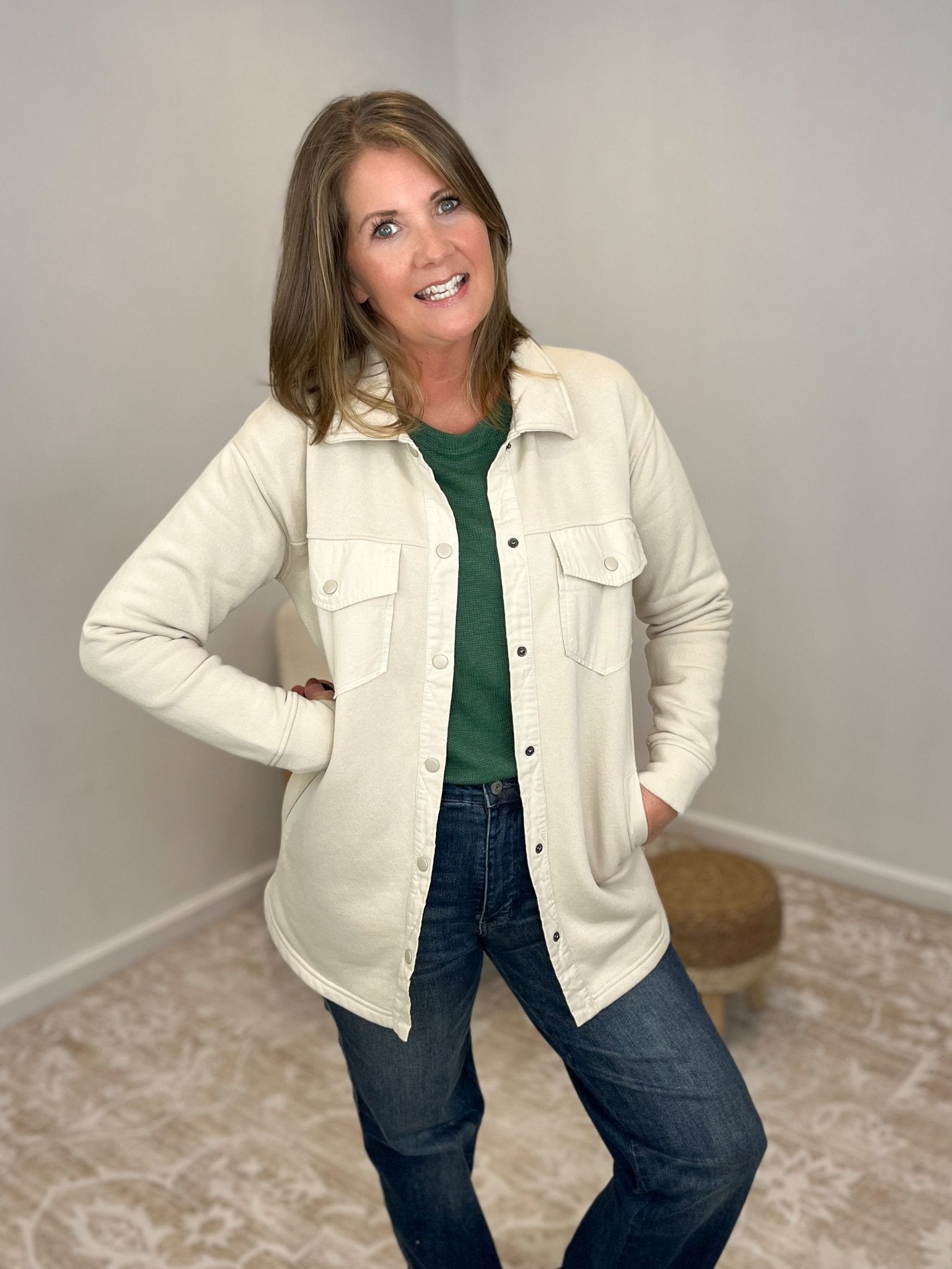 Snap - on Warm Shacket with Pockets - Natural - Lavender Hills BeautyMono BKJ - B0762 - NAT - S