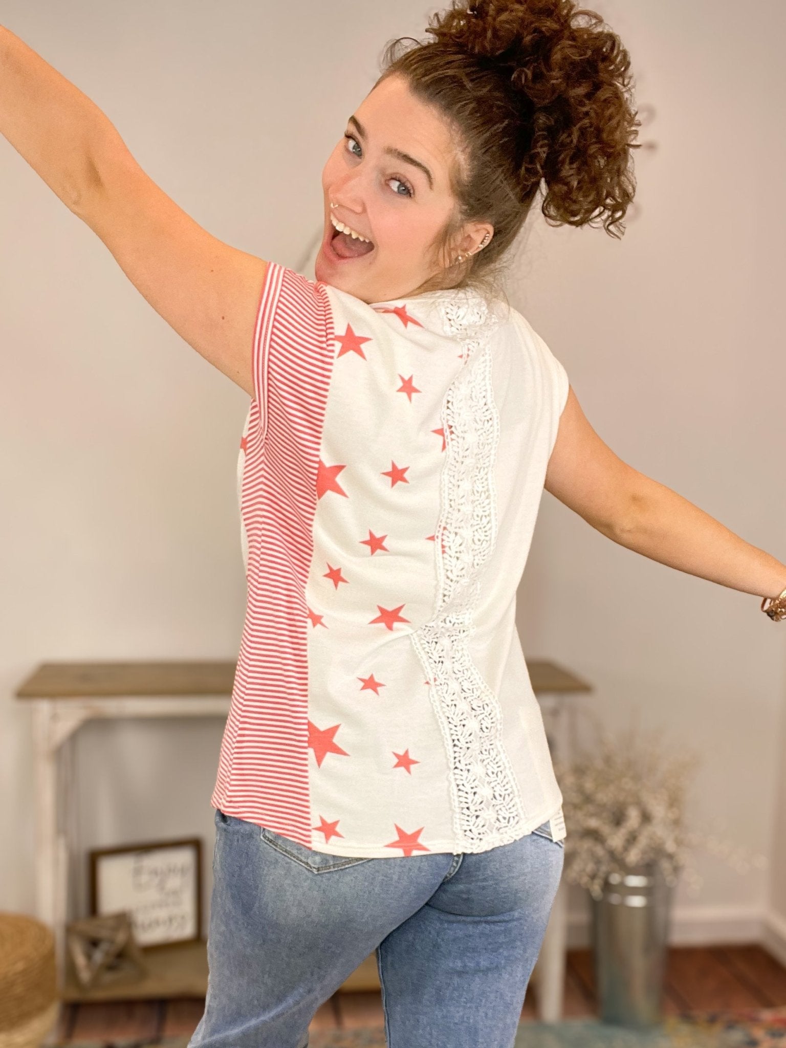 Stars & Stripes Colorblock Short Sleeve Top Shirt - Lavender Hills Beauty7th RayT4143CO - S