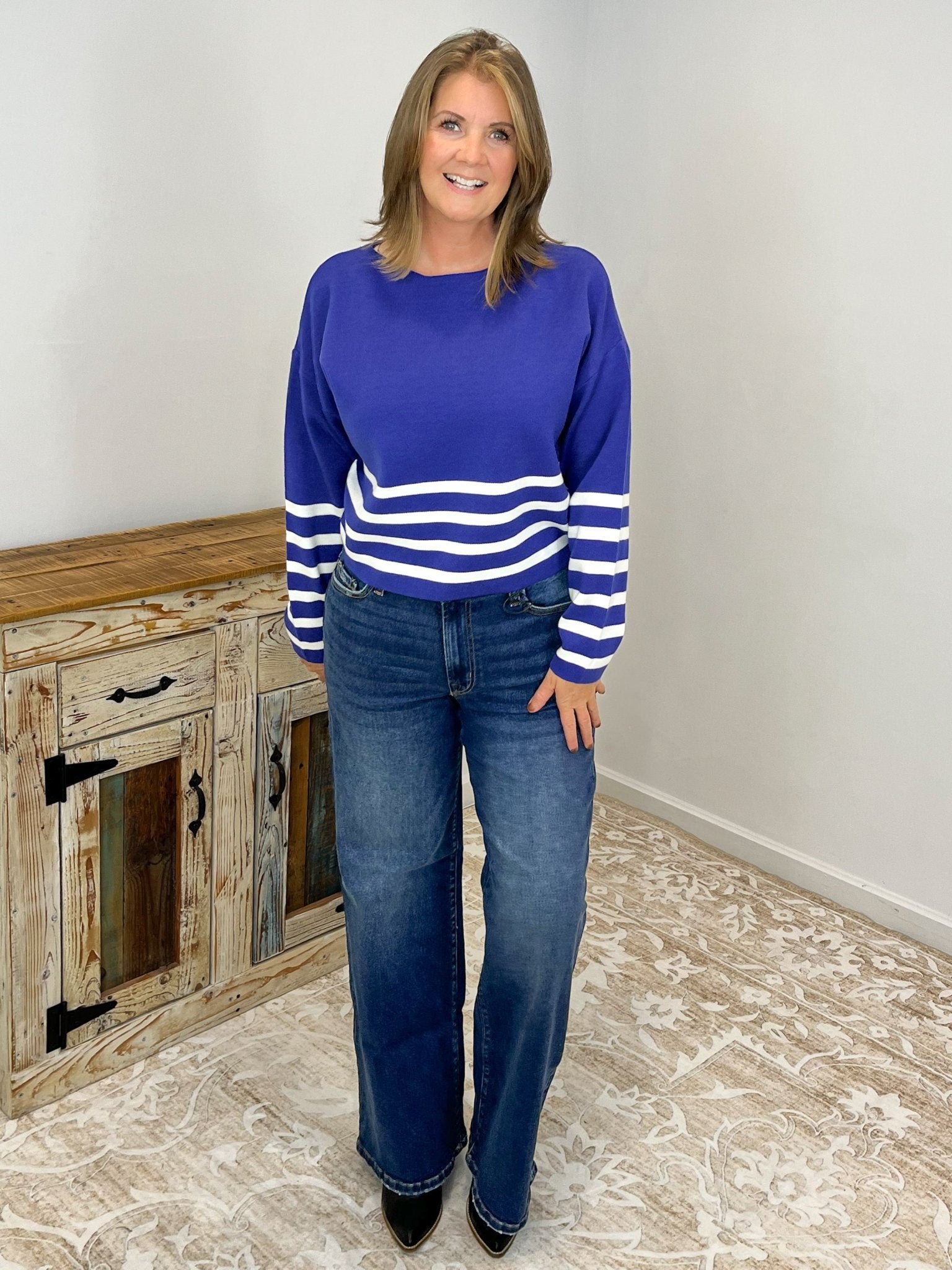 Striped Dipped Crop Long Sleeve Sweater - Lavender Hills BeautyZenanaTW - 2503Y - NVY - S