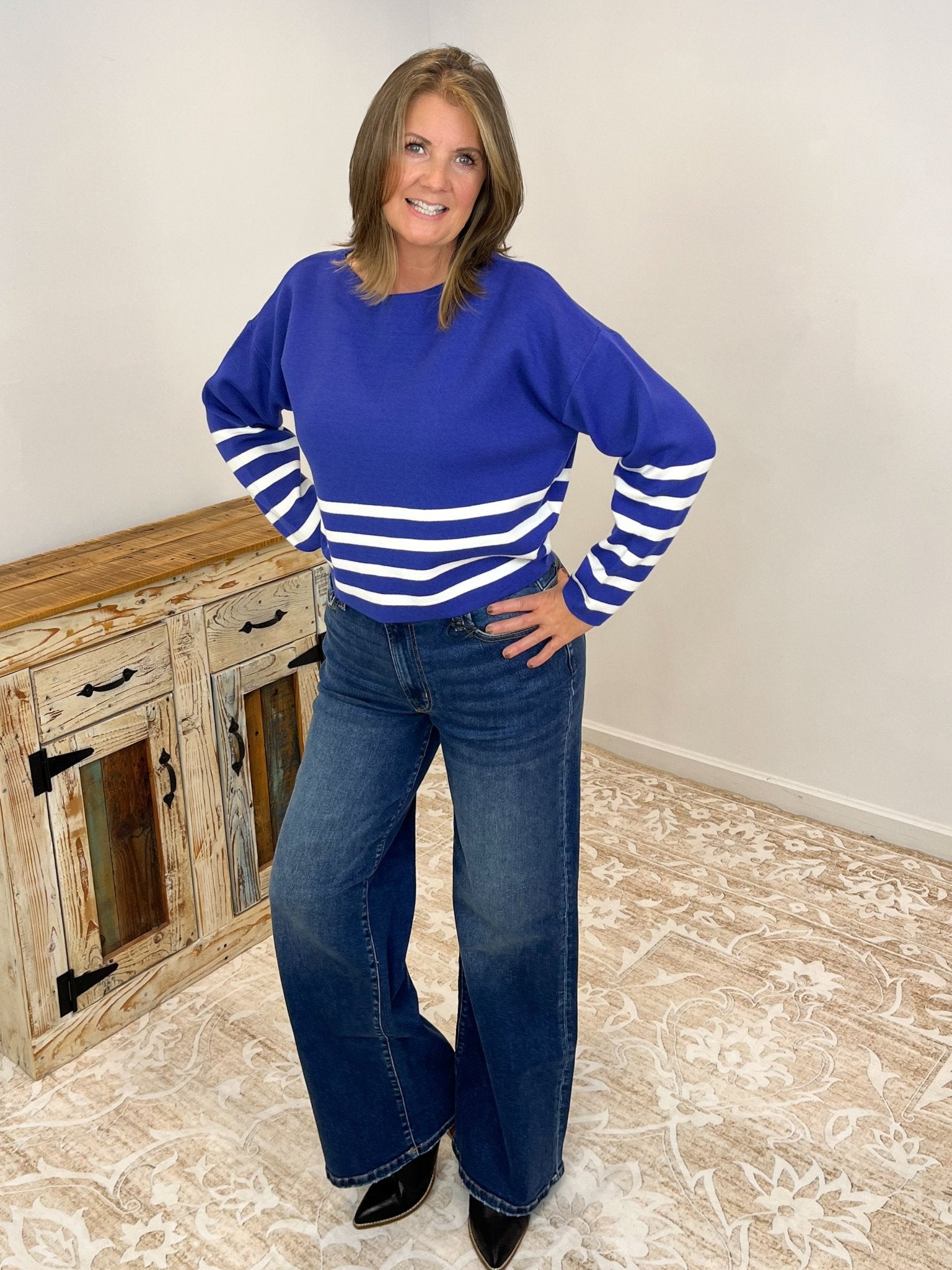 Striped Dipped Crop Long Sleeve Sweater - Lavender Hills BeautyZenanaTW - 2503Y - NVY - S