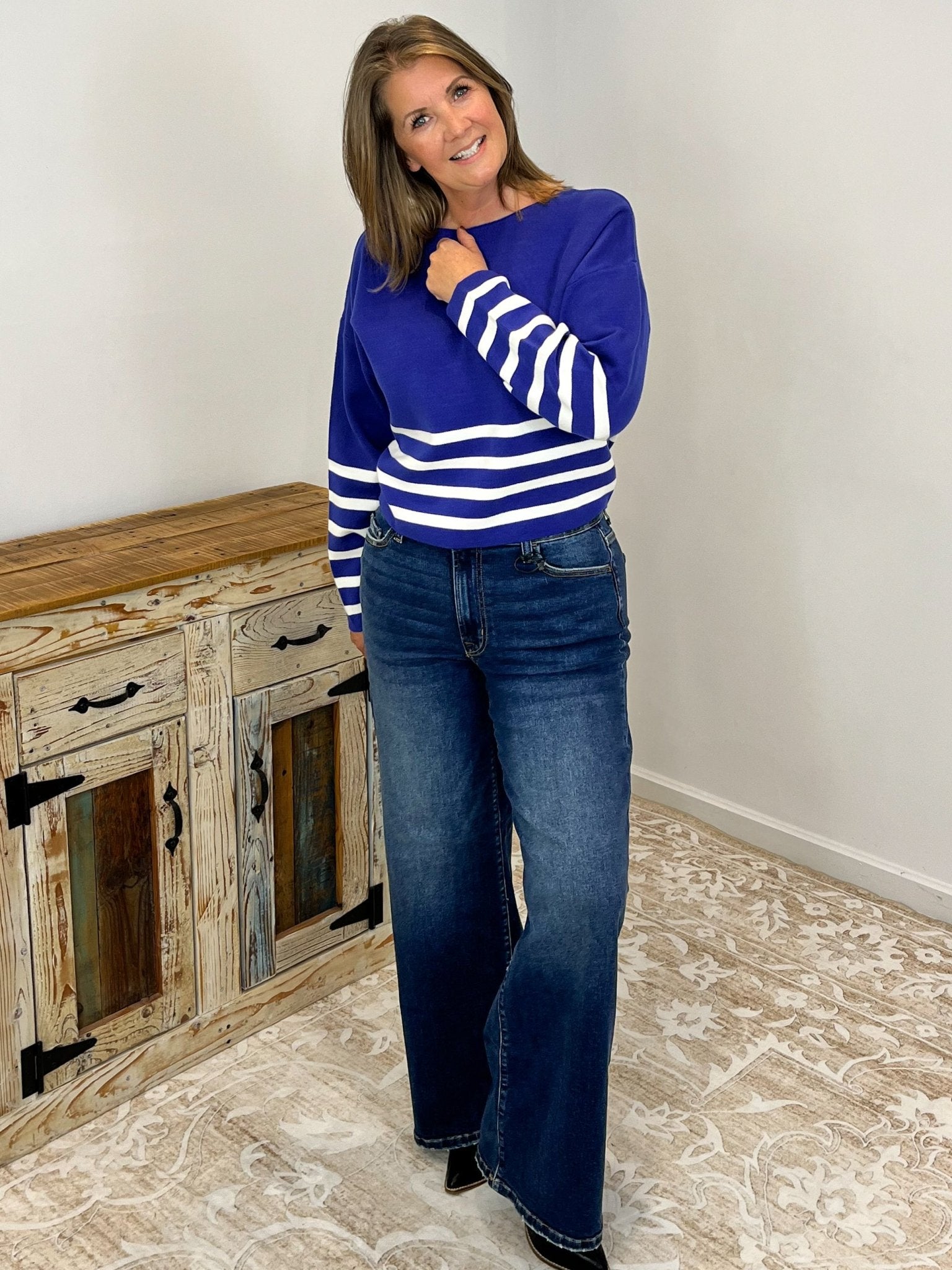 Striped Dipped Crop Long Sleeve Sweater - Lavender Hills BeautyZenanaTW - 2503Y - NVY - S