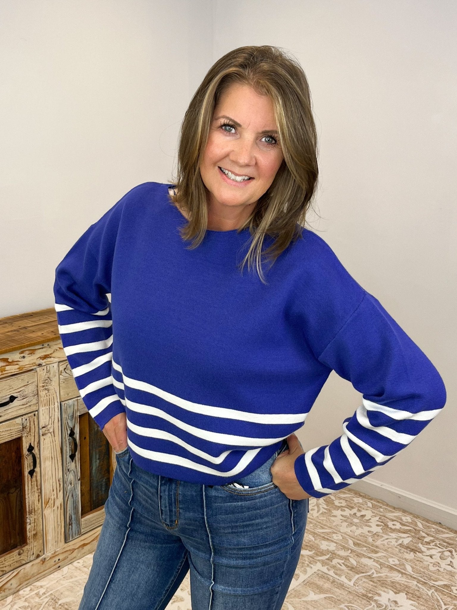 Striped Dipped Crop Long Sleeve Sweater - Lavender Hills BeautyZenanaTW - 2503Y - NVY - S