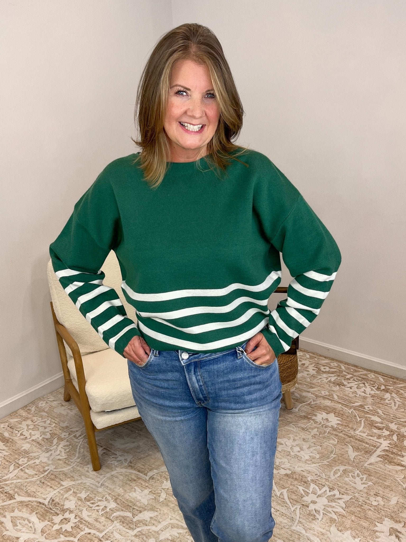 Striped Dipped Crop Sweater - Hunter Green - Lavender Hills BeautyZenanaTW - 2503Y - HGRN - S