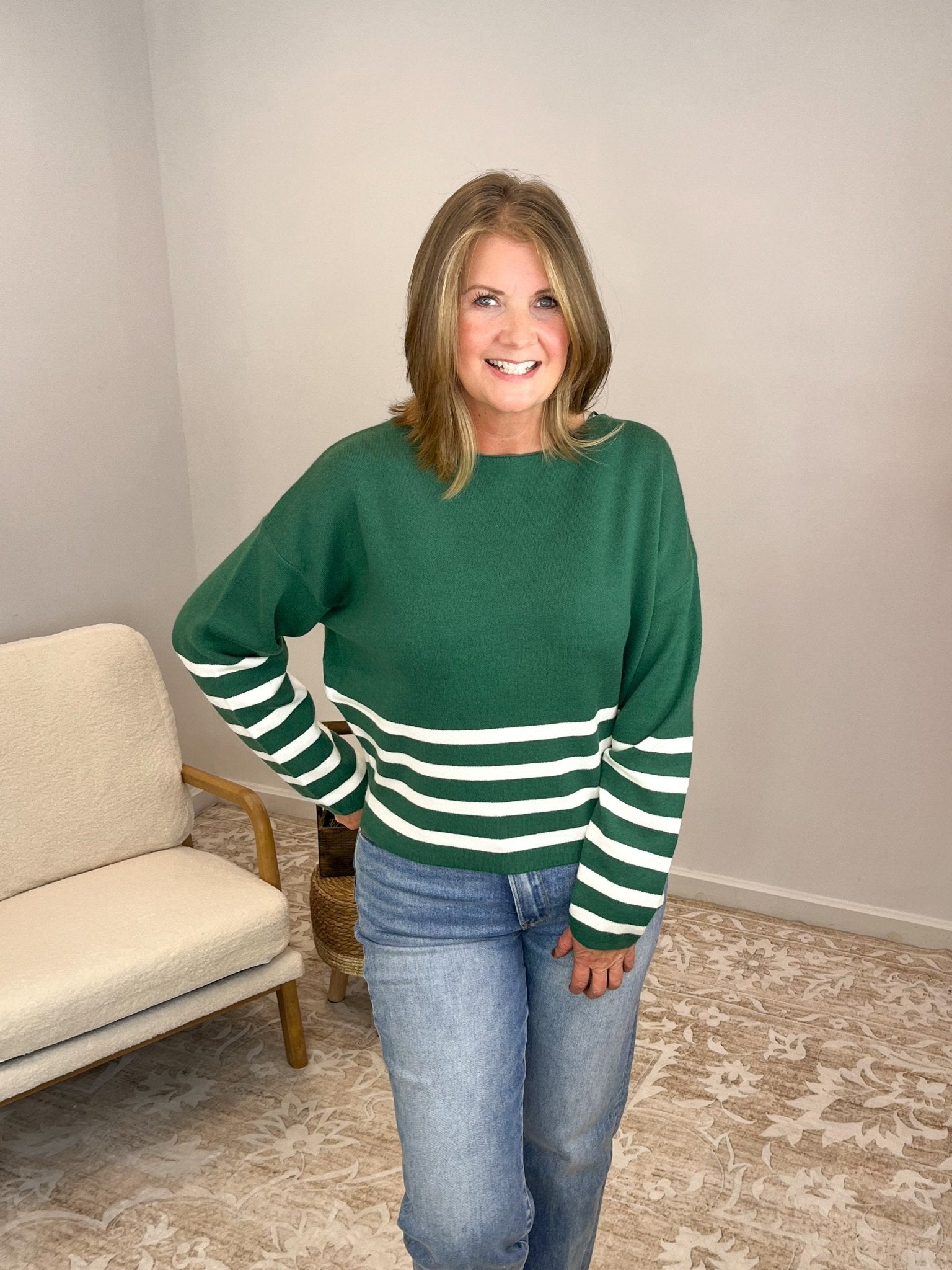 Striped Dipped Crop Sweater - Hunter Green - Lavender Hills BeautyZenanaTW - 2503Y - HGRN - S