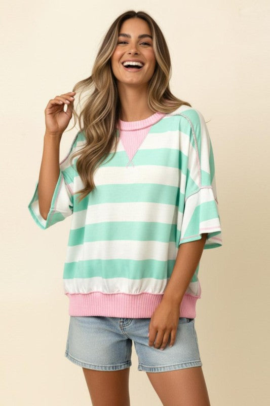 Striped Flutter Sleeve Terry Top - Mint & Blush