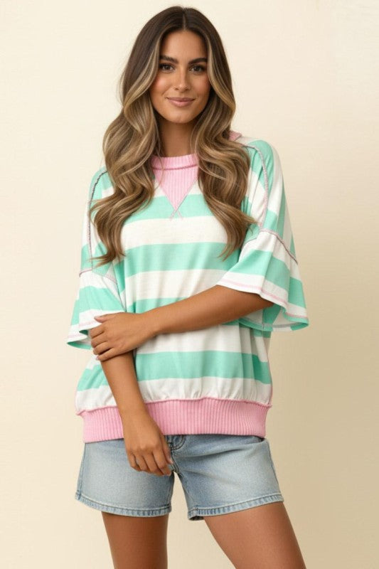 Striped Flutter Sleeve Terry Top - Mint & Blush